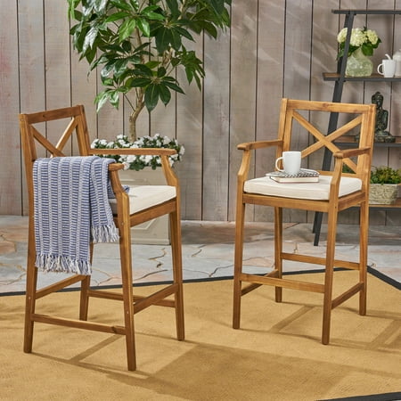 Noble House Perla Outdoor Acacia Wood Barstool Teak and Cream (Set of 2)