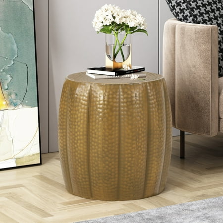 Noble House Perrotto Metal Mandala Pumpkin Side Table, Brushed Antique Gold