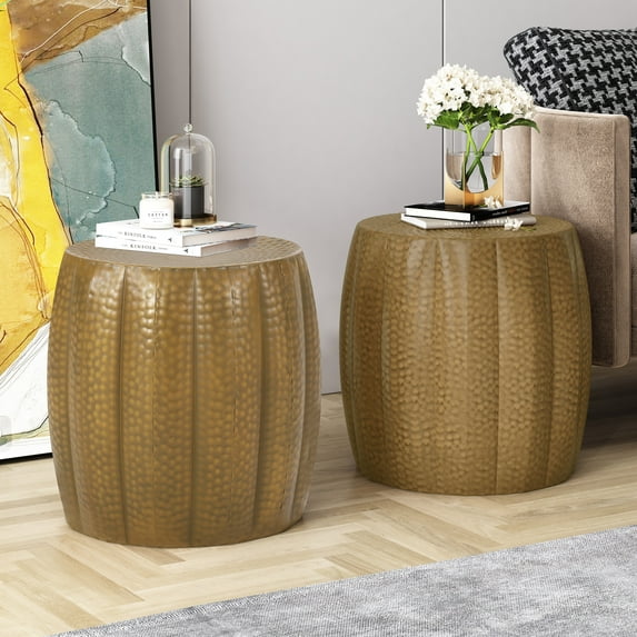 Noble House Perrotto Metal Mandala Pumpkin Side Tables, Set of 2, Brushed Antique Gold