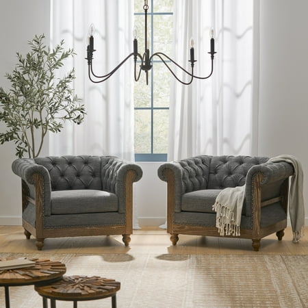 Noble House Petes Fabric Chesterfield Tufted Club Chair, Set of 2, Charcoal