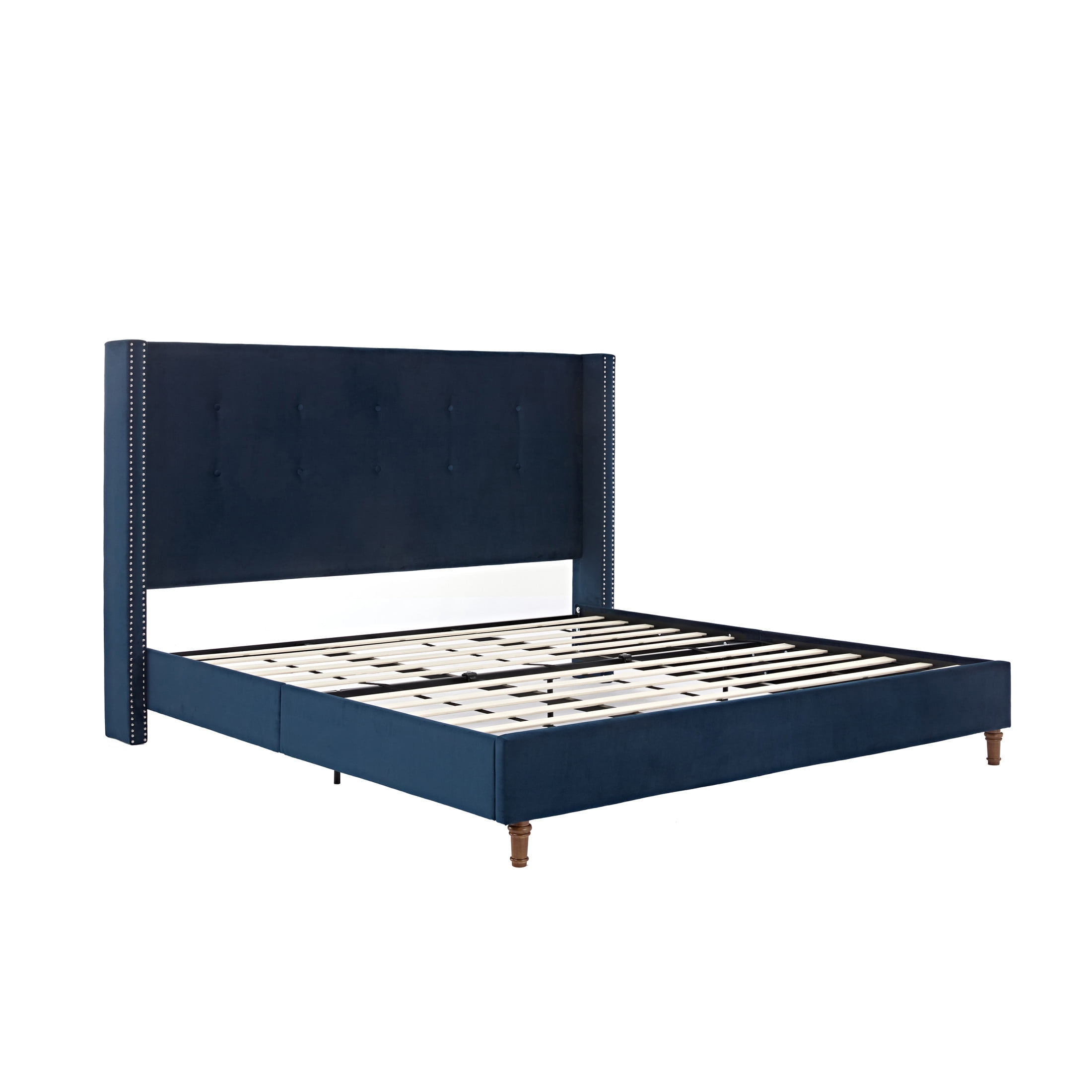 Noble House Peyton Indoor Button Diamond Tufted Velvet Upholstery King Bed with Wingback, Blue