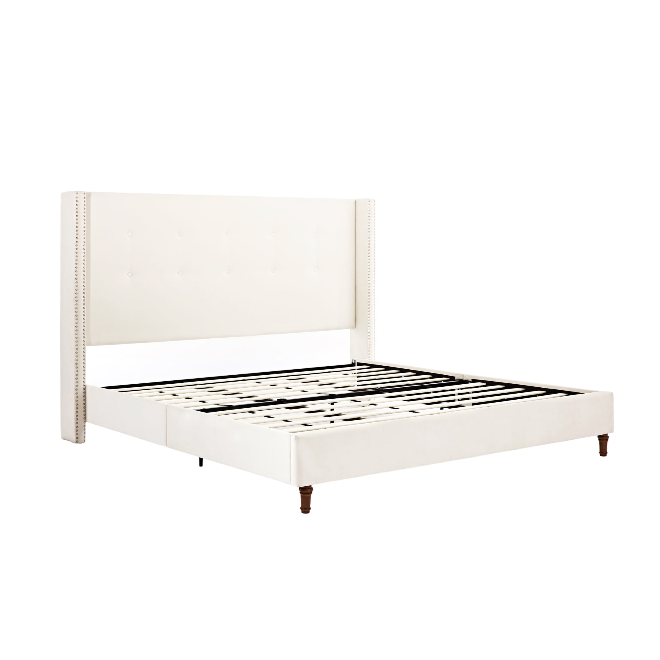 Noble House Peyton Indoor Button Diamond Tufted Velvet Upholstery King Bed with Wingback, Ivory