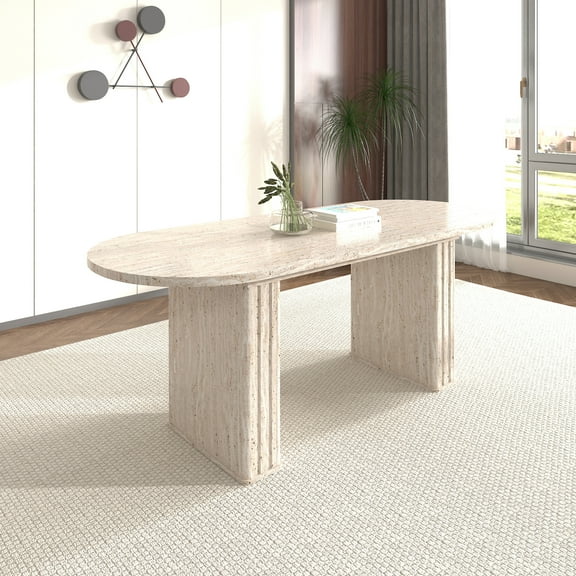 Noble House Phineas 78.74" Travertine-Inspired Oval Extendable Dining Table for 4–8, Wooden Strip Base, Beige