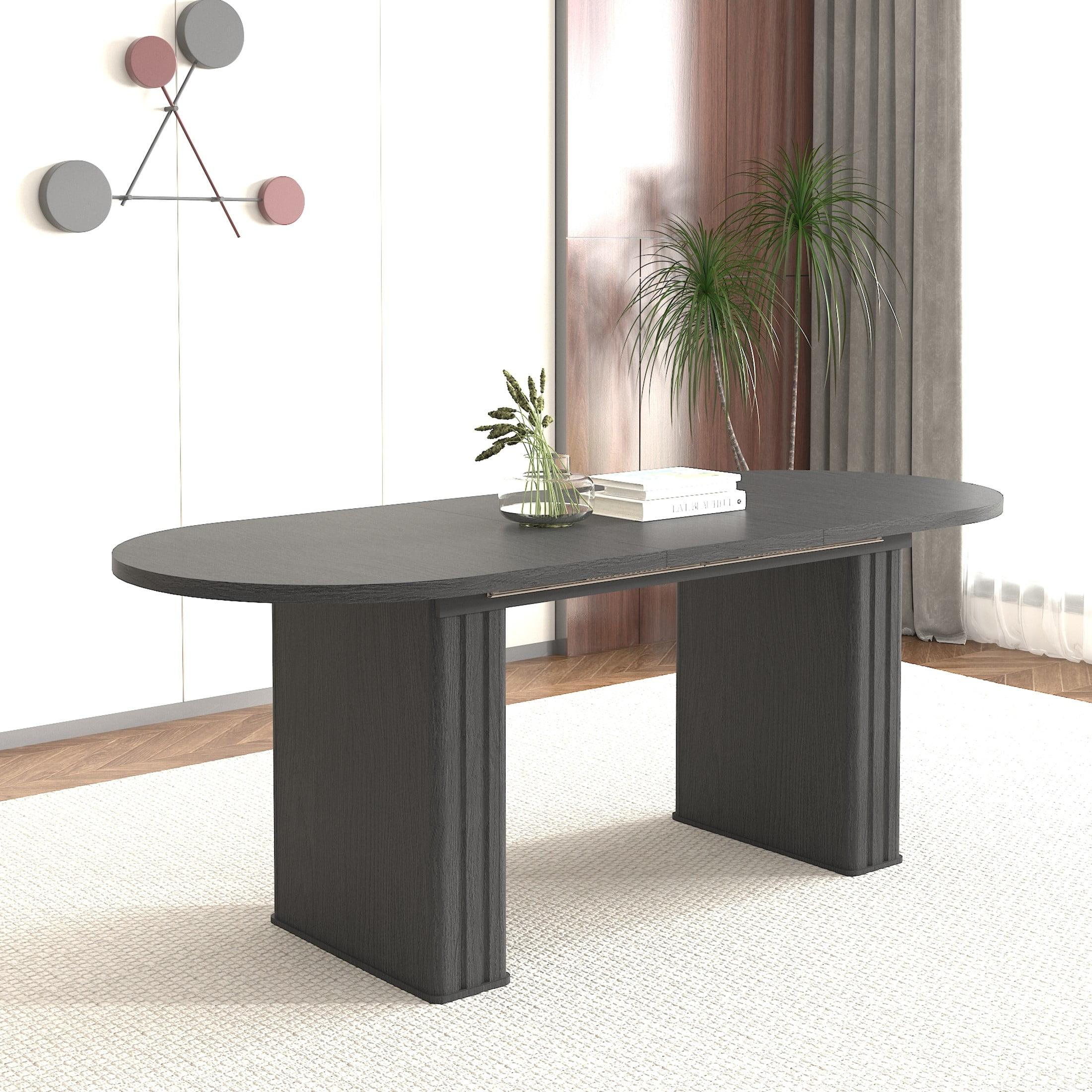 Noble House Phineas 78.74" Travertine-Inspired Oval Extendable Dining Table for 4–8, Wooden Strip Base, Black