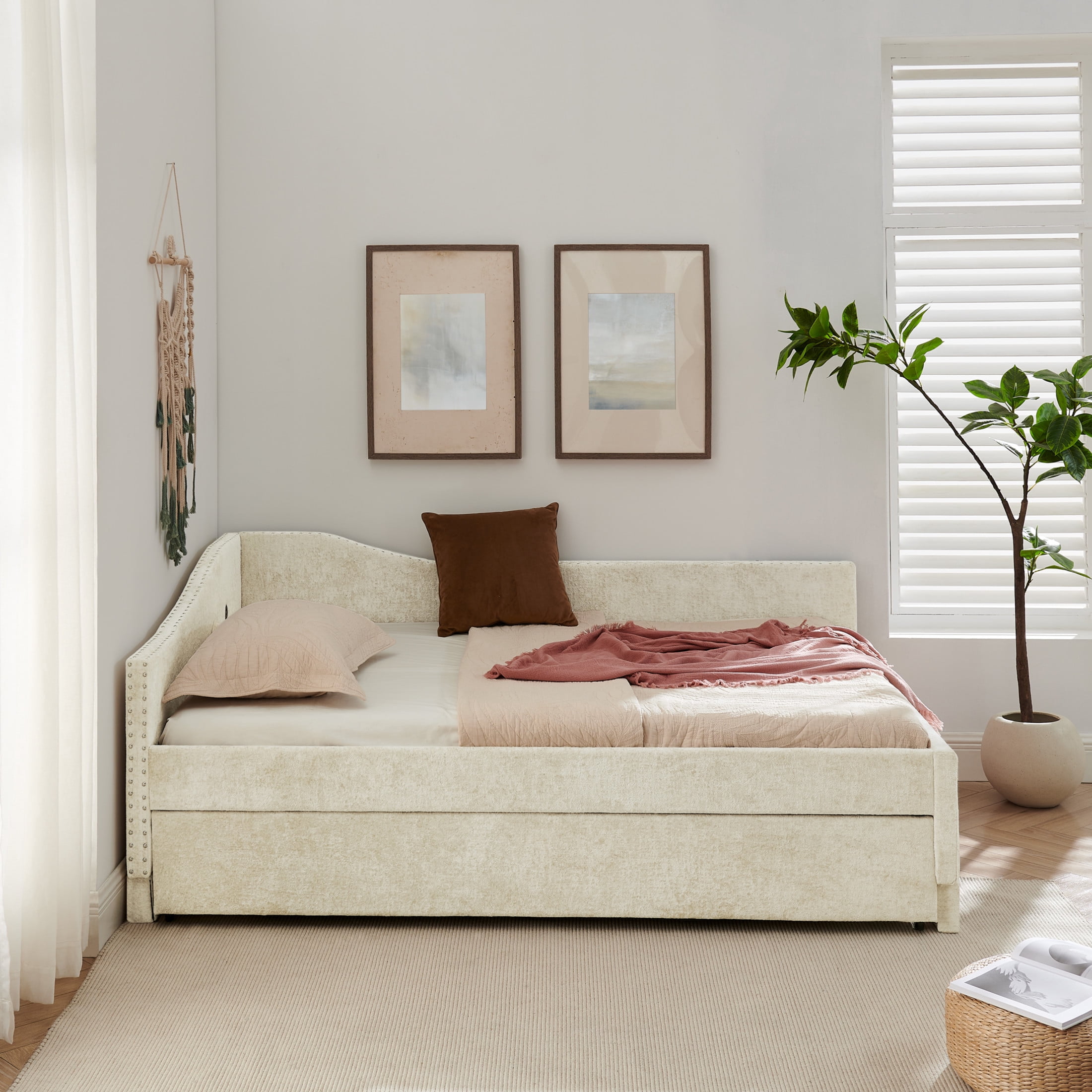 Noble House Phineas Full Size Chenille Padded Daybed, Sofa Bed Frame with Twin Trundle and Charging Port, Beige