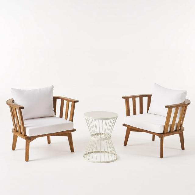 Noble House Phipps 3-Piece Outdoor Wood Conversation Set in Teak and White
