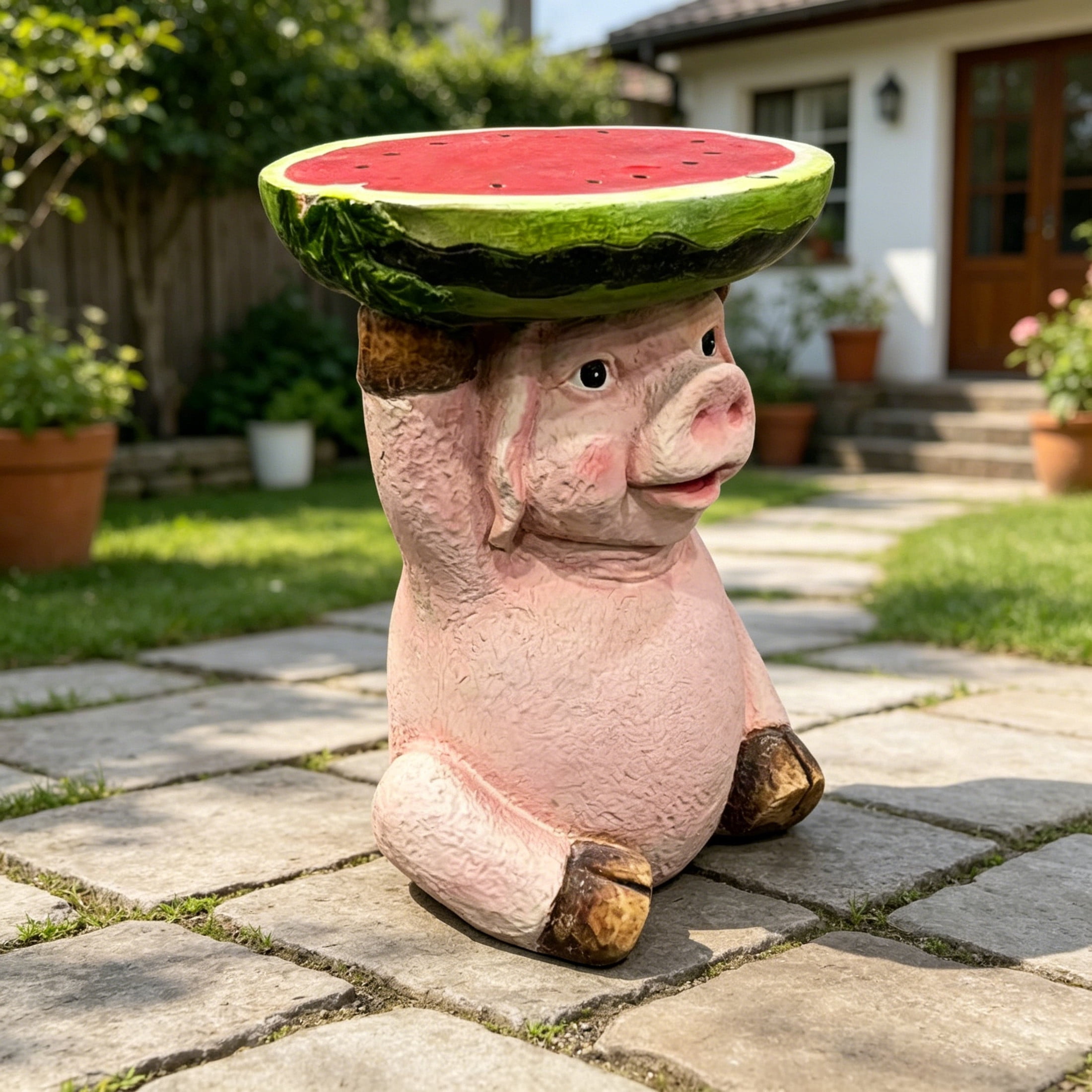Noble House Pig Watermelon Stool, Cute Animal Side Table Decor, Outdoor Creative Figurine Seat for Patio, Garden, Pink