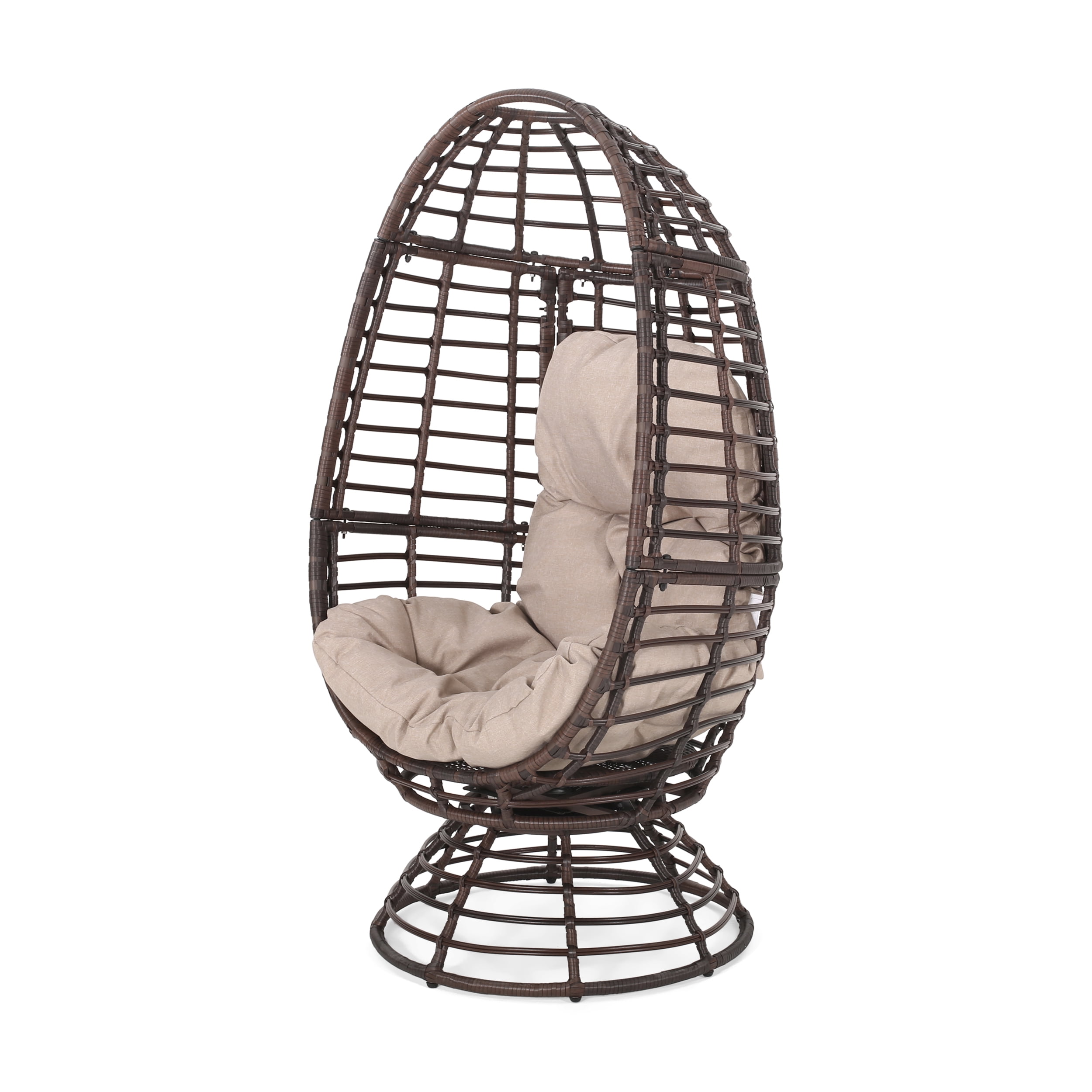 Pitner Dark Brown Iron Swivel Egg Chair with Beige Cushions