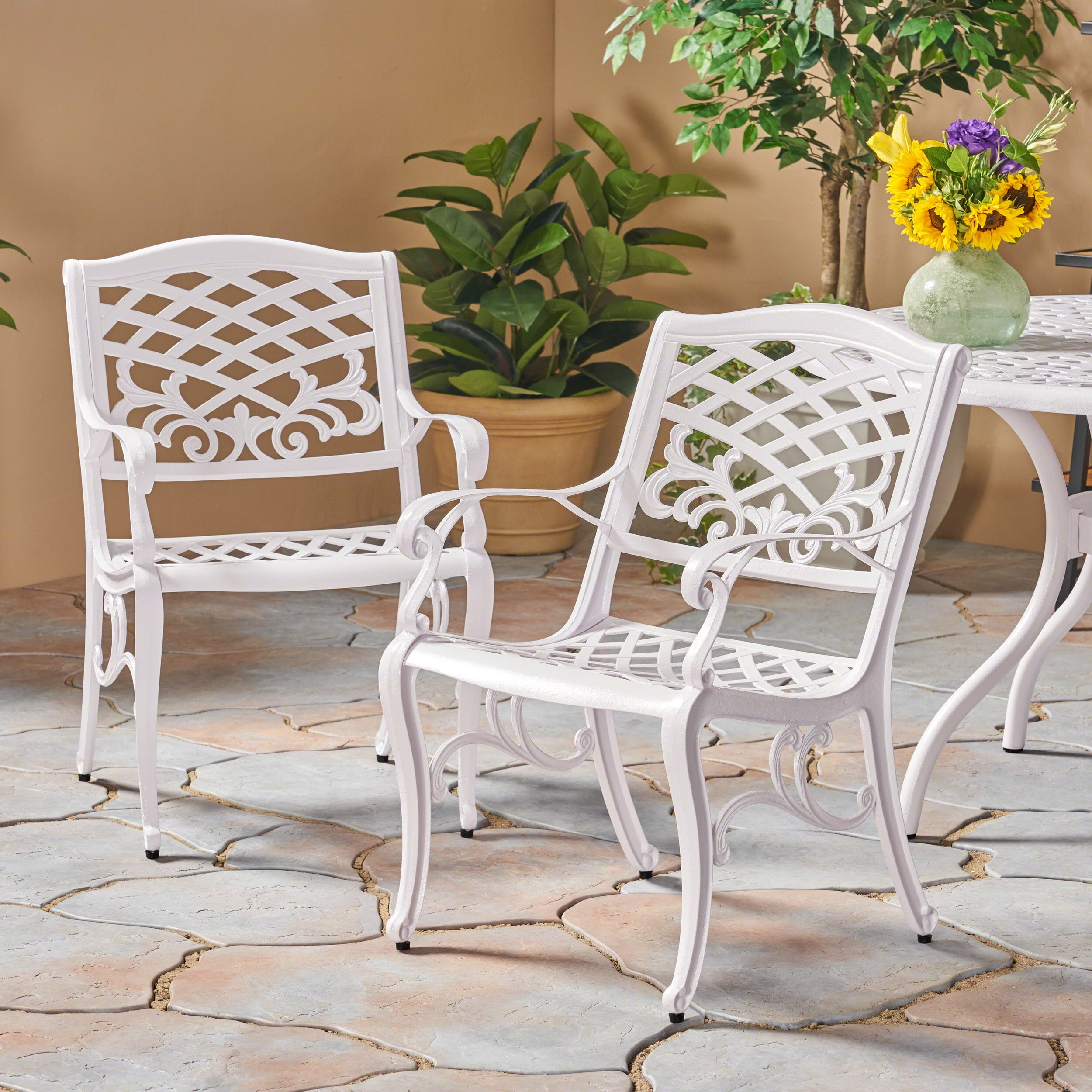 White Cast Aluminum Outdoor Dining Arm Chair Set