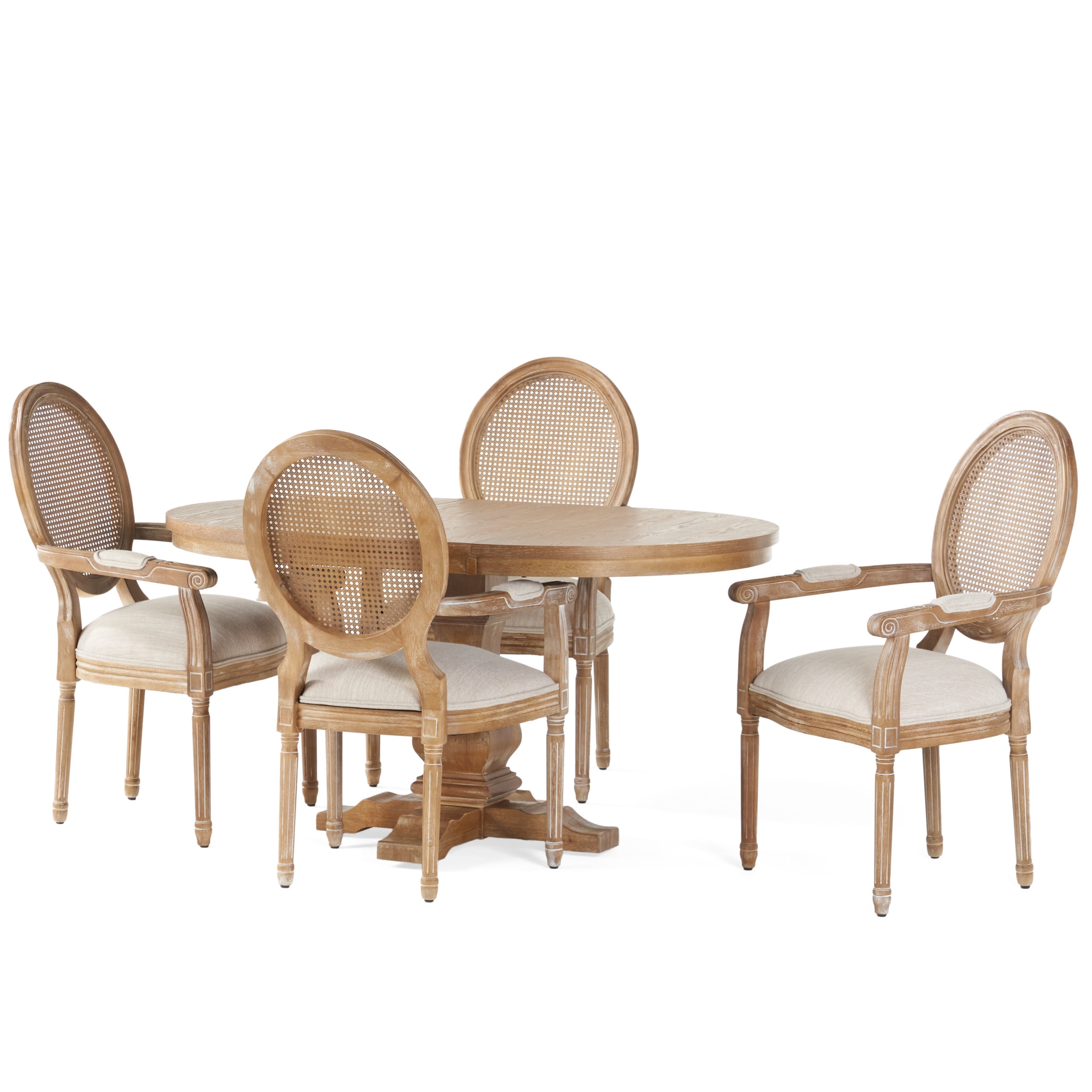 Noble House Plevna Wood and Cane 5-Piece Expandable Oval Dining Set, Natural and Beige
