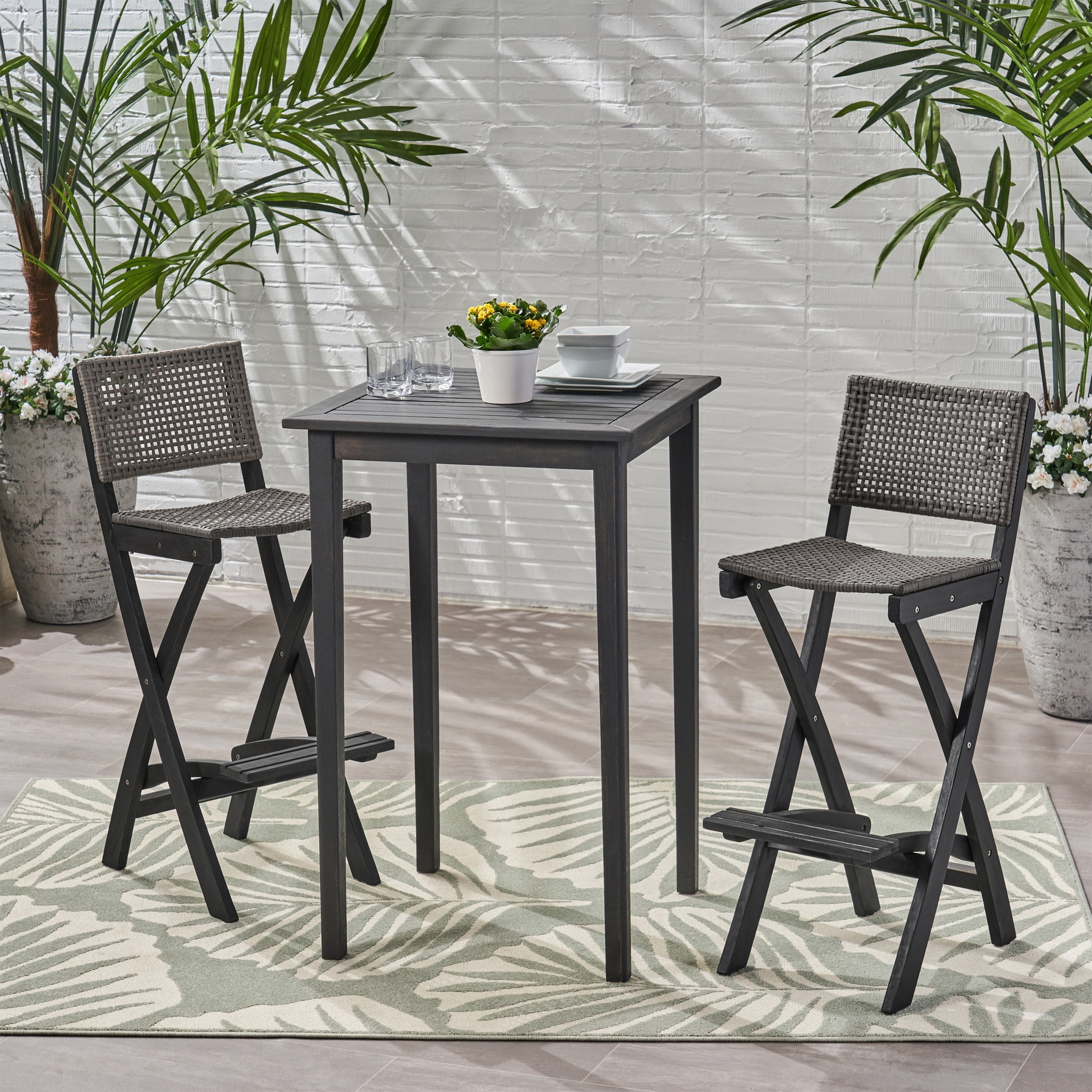 Noble House Polaris Outdoor 3 Piece 26" Square Wood Bar Set in Dark Gray