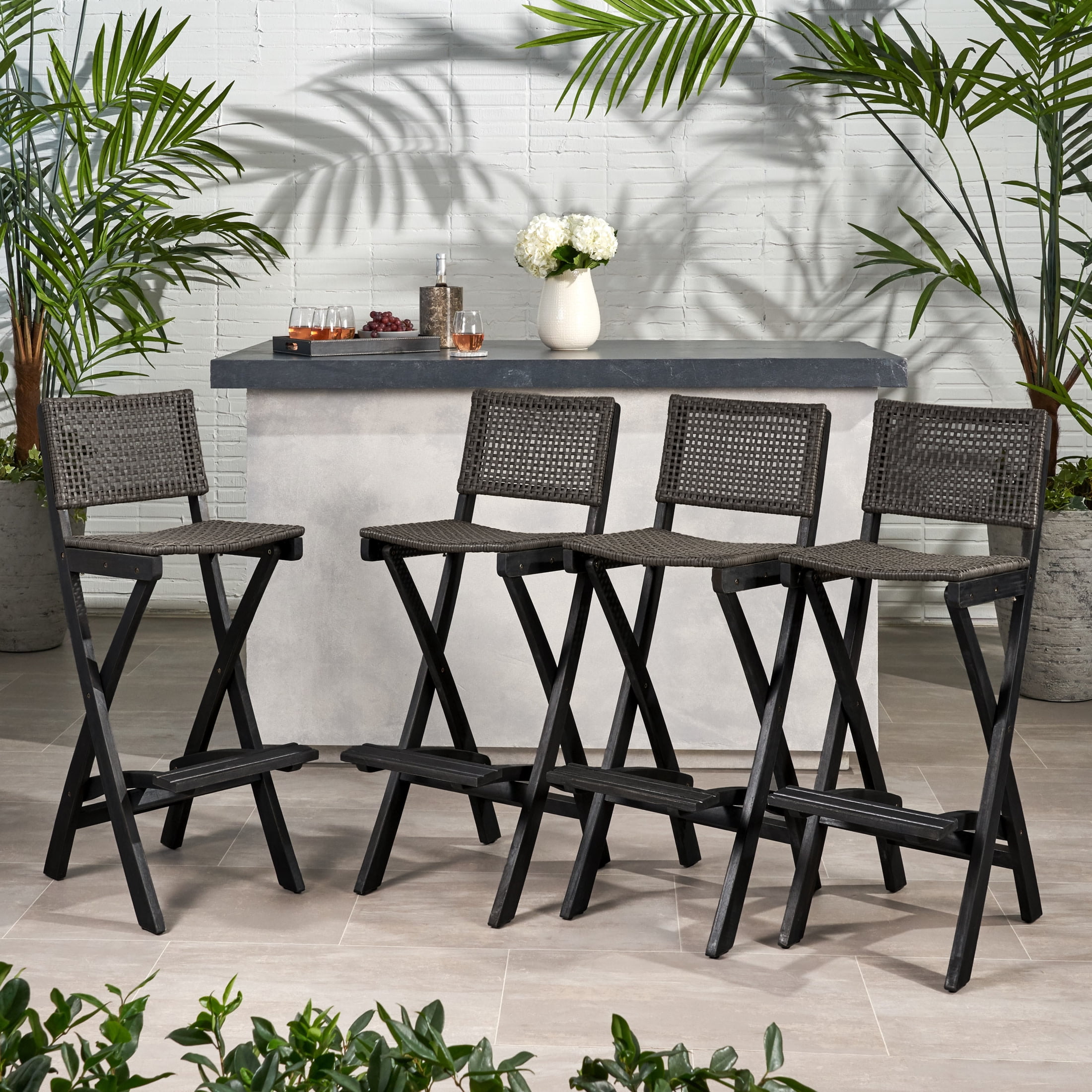 Noble House Polaris Outdoor Folding Acacia Wood Barstool in Dark Gray (Set of 4)