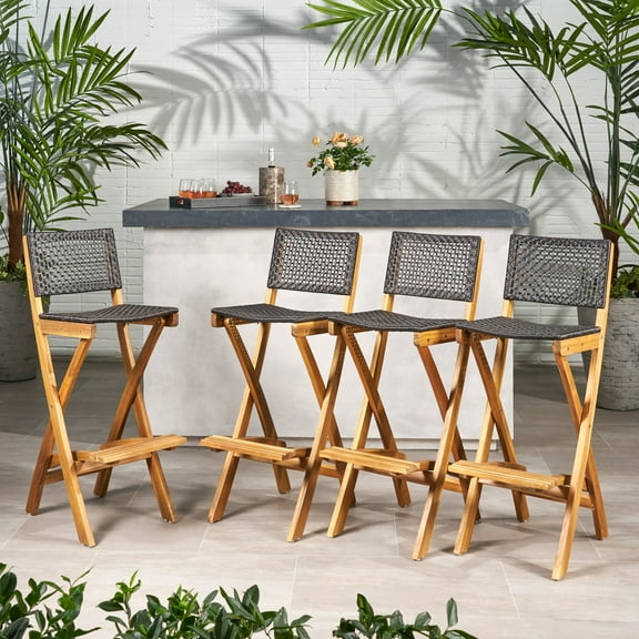 Noble House Polaris Outdoor Folding Acacia Wood Barstools (Set of 4) Teak/Brown