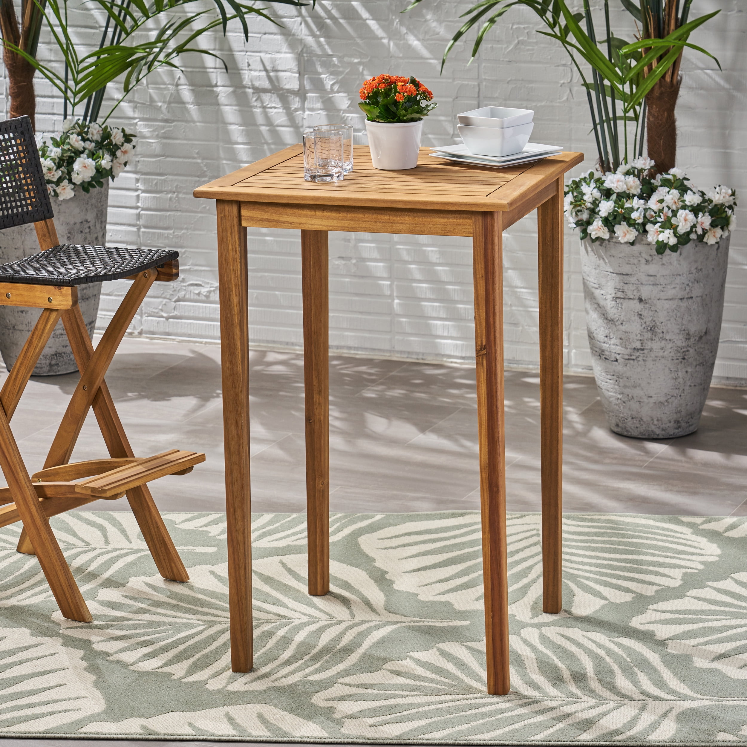 Teak Brown Acacia Wood Square Outdoor Bar Table