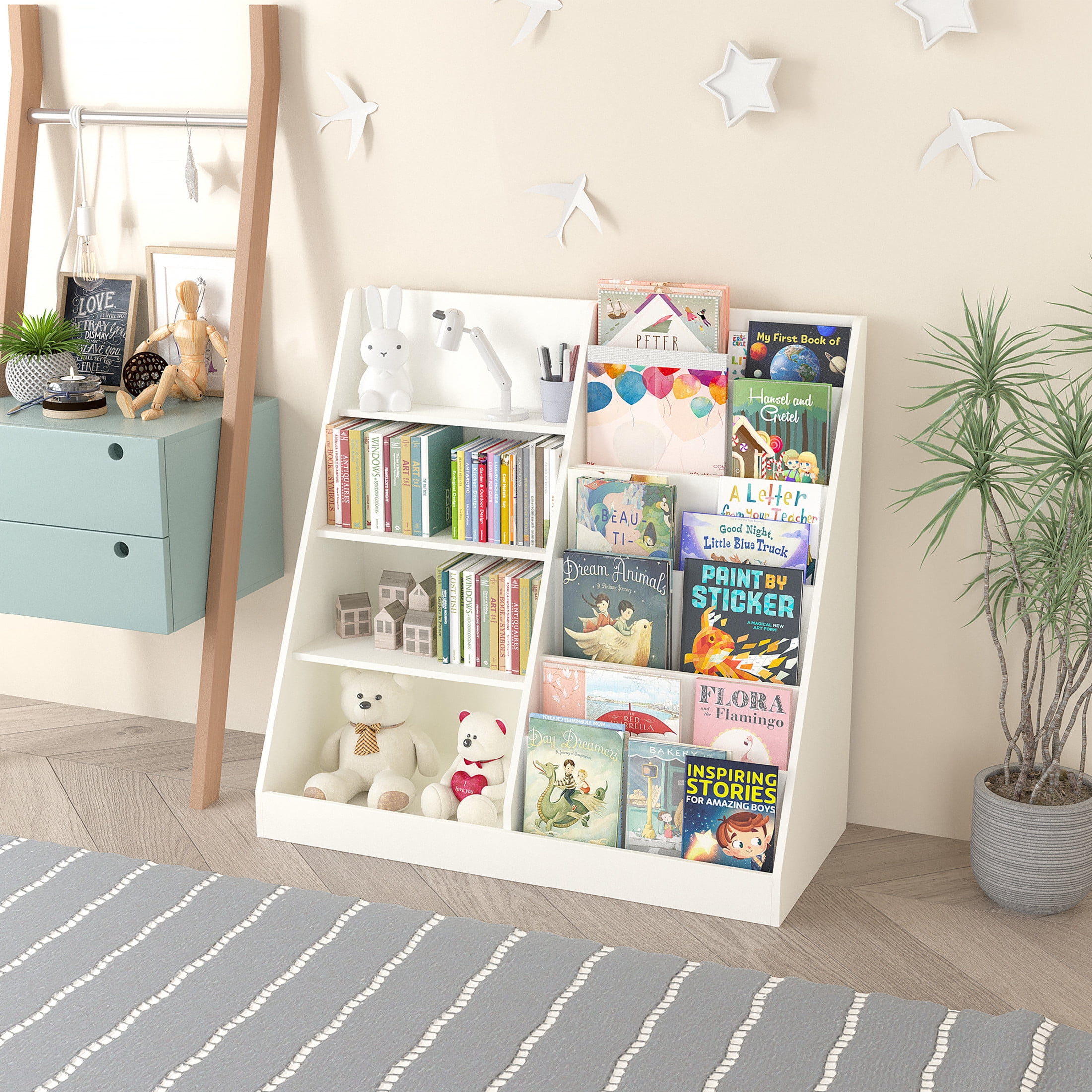 Noble House Polly Kids Display Bookshelf, Toy Storage Organizer, 4-Tier Wooden Bookcase with Bin Cabinet, White
