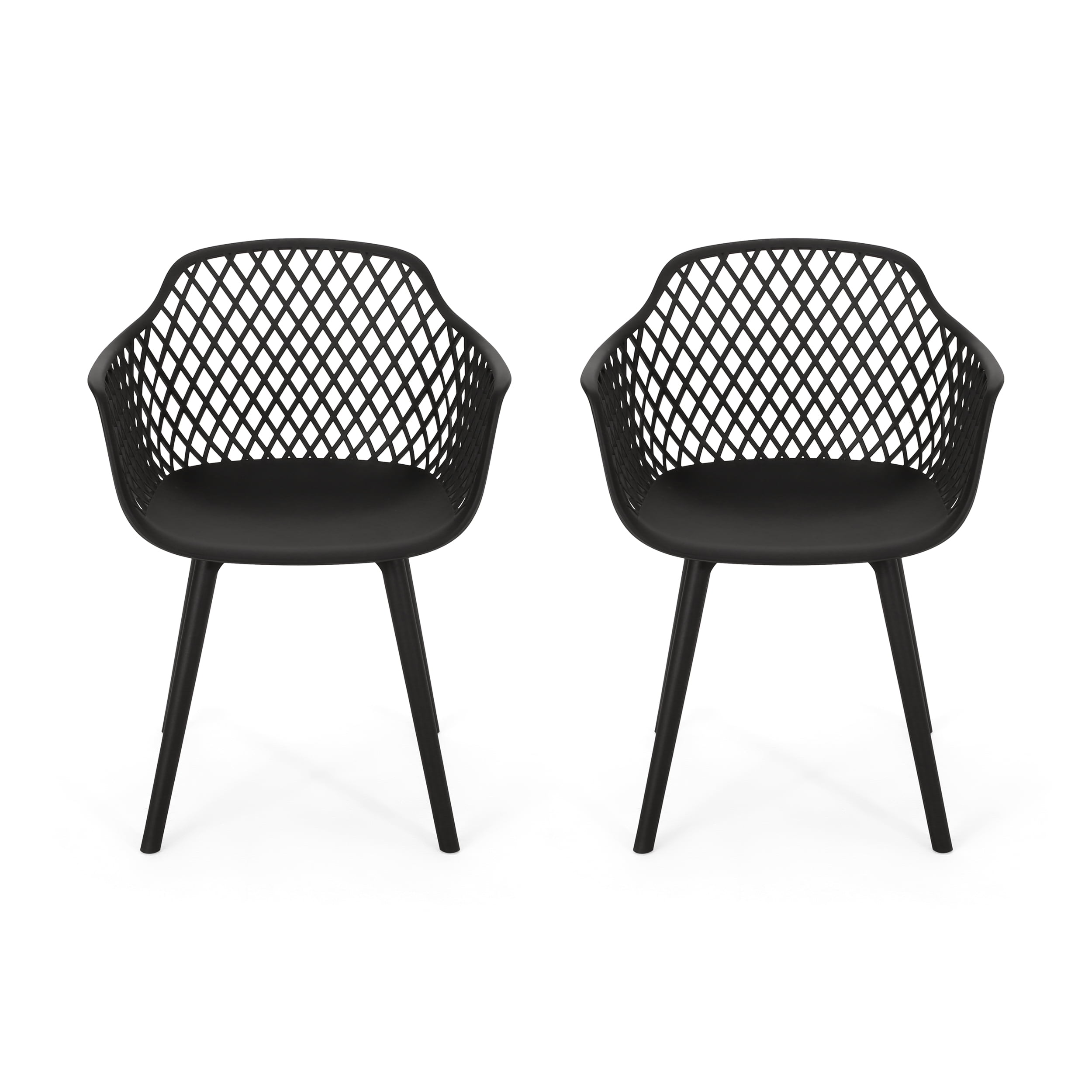 Noble House Poppy Plastic Patio Dining Arm Chair in Black (Set of 2)