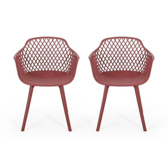 Noble House Poppy Plastic Patio Dining Arm Chair in Red (Set of 2)