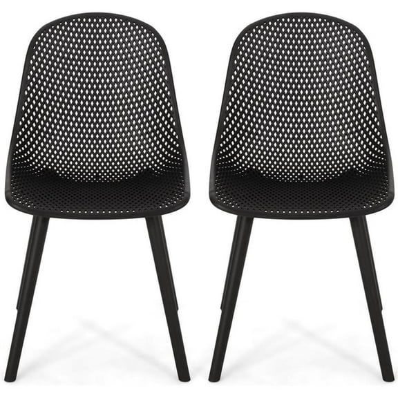 Noble House Posey Plastic Patio Dining Chair in Black (Set of 2)