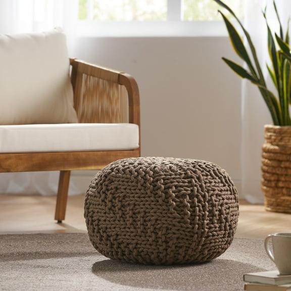 Noble House Potomac Indoor Hand Knit Fabric Pouf, Light Brown
