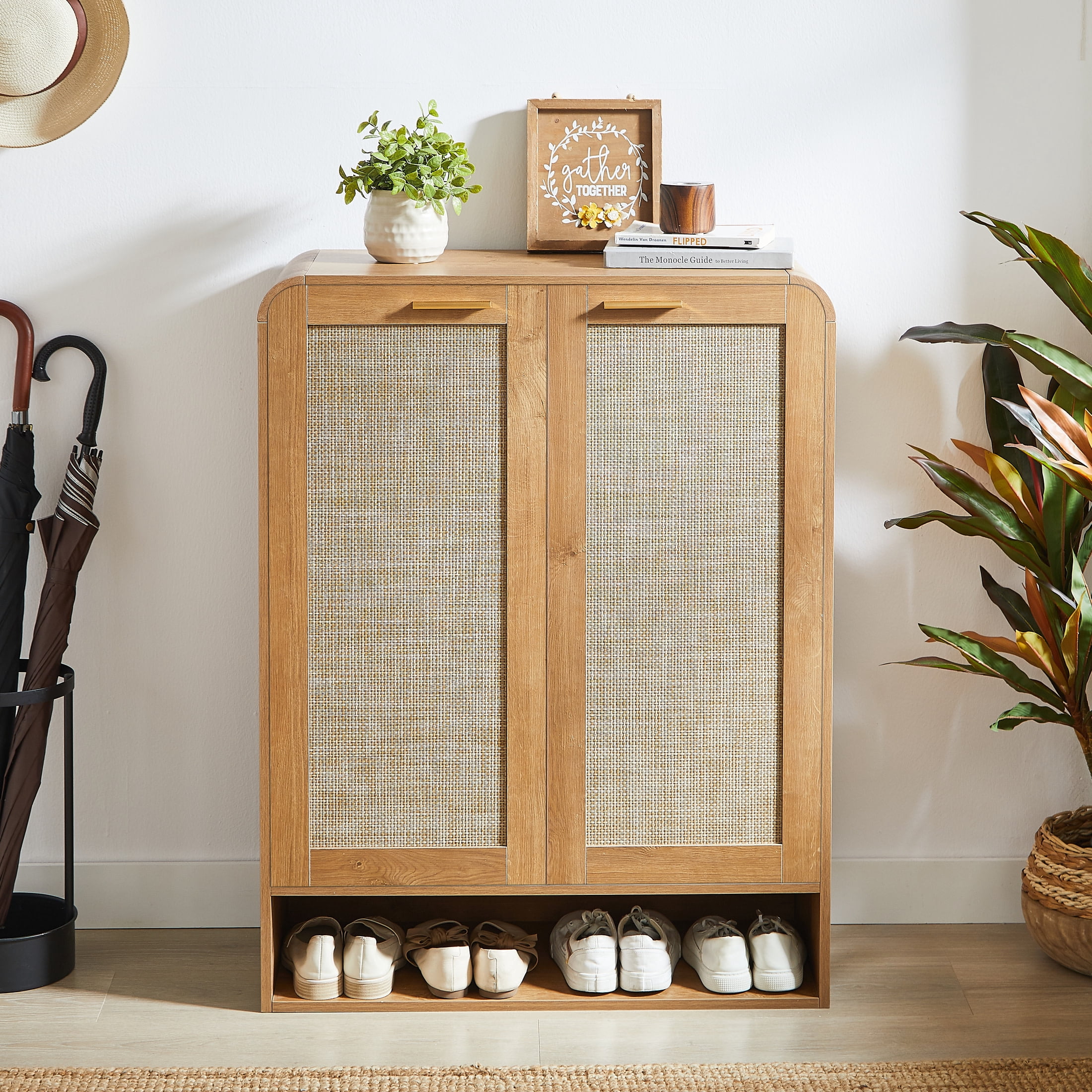 Noble House Prado 32" Rattan Shoe Cabinet, 6-Tier Entryway Storage with Adjustable Shelves, Hallway, Closet, Caramel