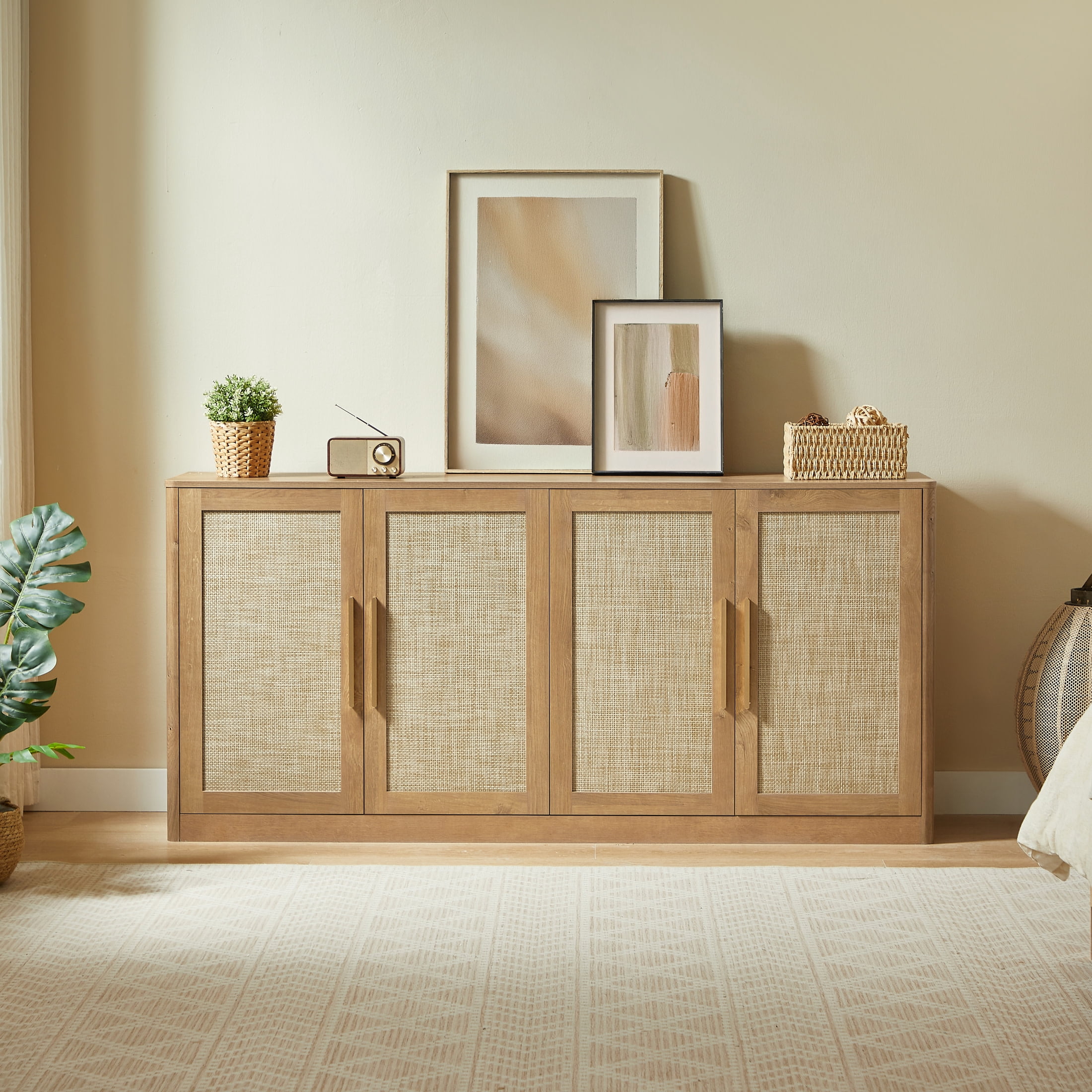 Noble House Prado 67" Rattan 4-Door Buffet Cabinet, Boho Sideboard Credenza with Gold Handles for Living Room, Caramel