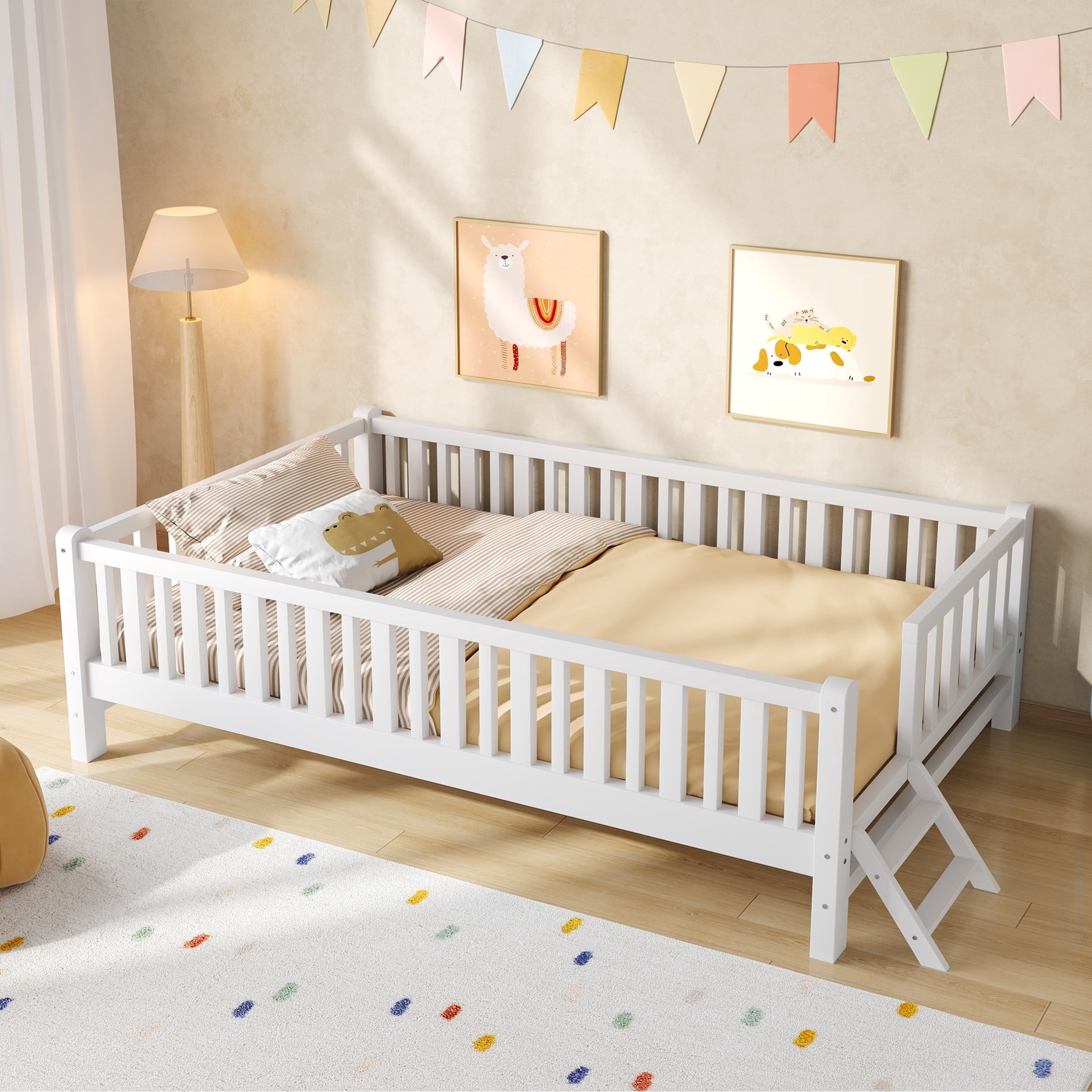 Noble House Prado Twin Size Wood Platform Bed with Full Guardrail, Safe Low Profile Bed Frame for Kids, White