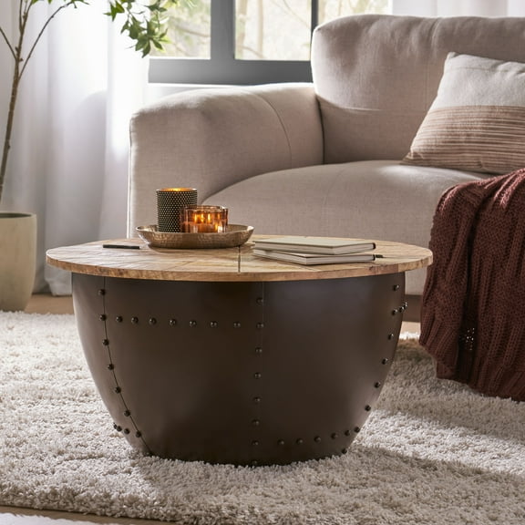 Noble House Preston Handcrafted Modern Industrial Mango Wood and Iron Coffee Table, Natural, Black