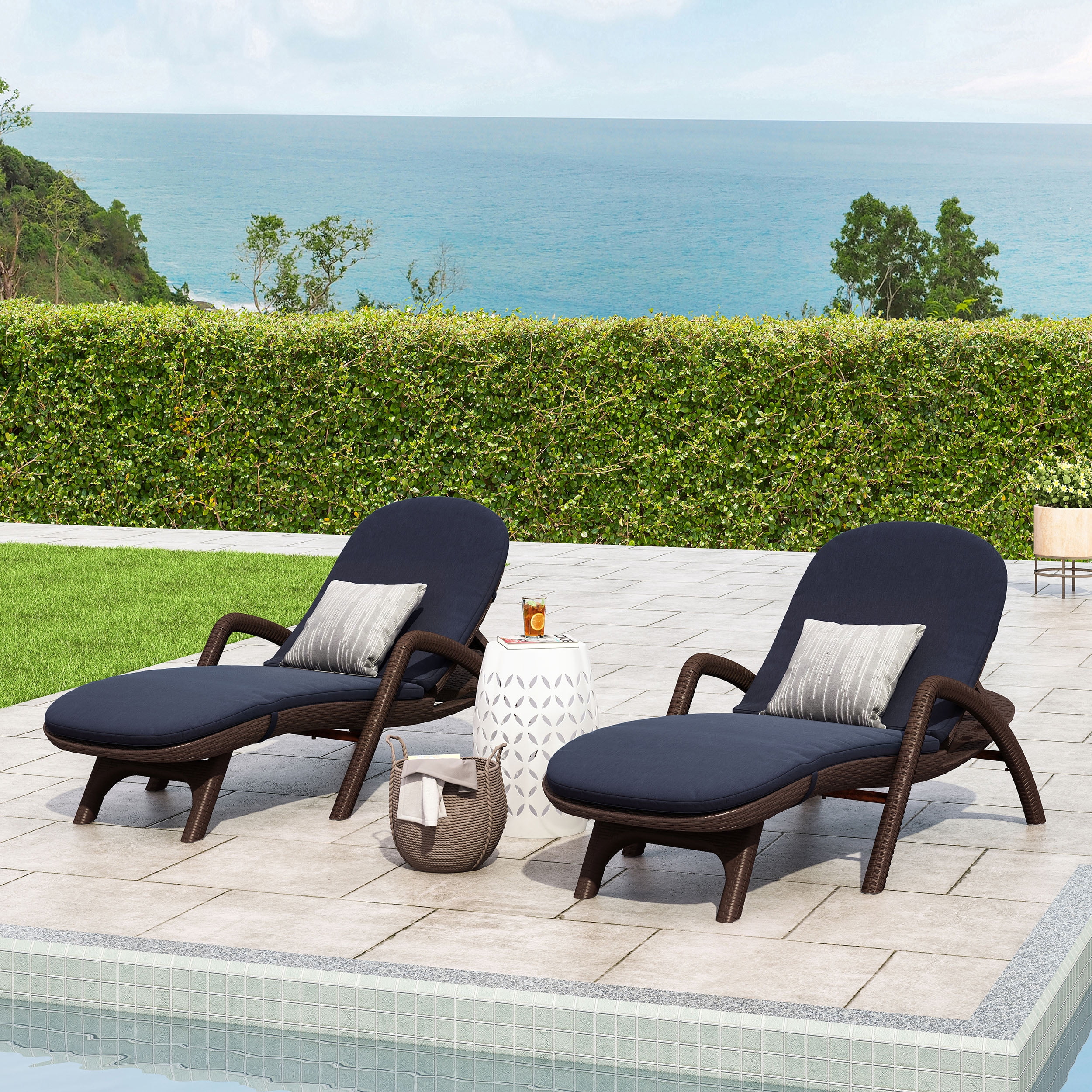 Noble House Waverly Faux Wicker Lounge with Cushion Set of 2
