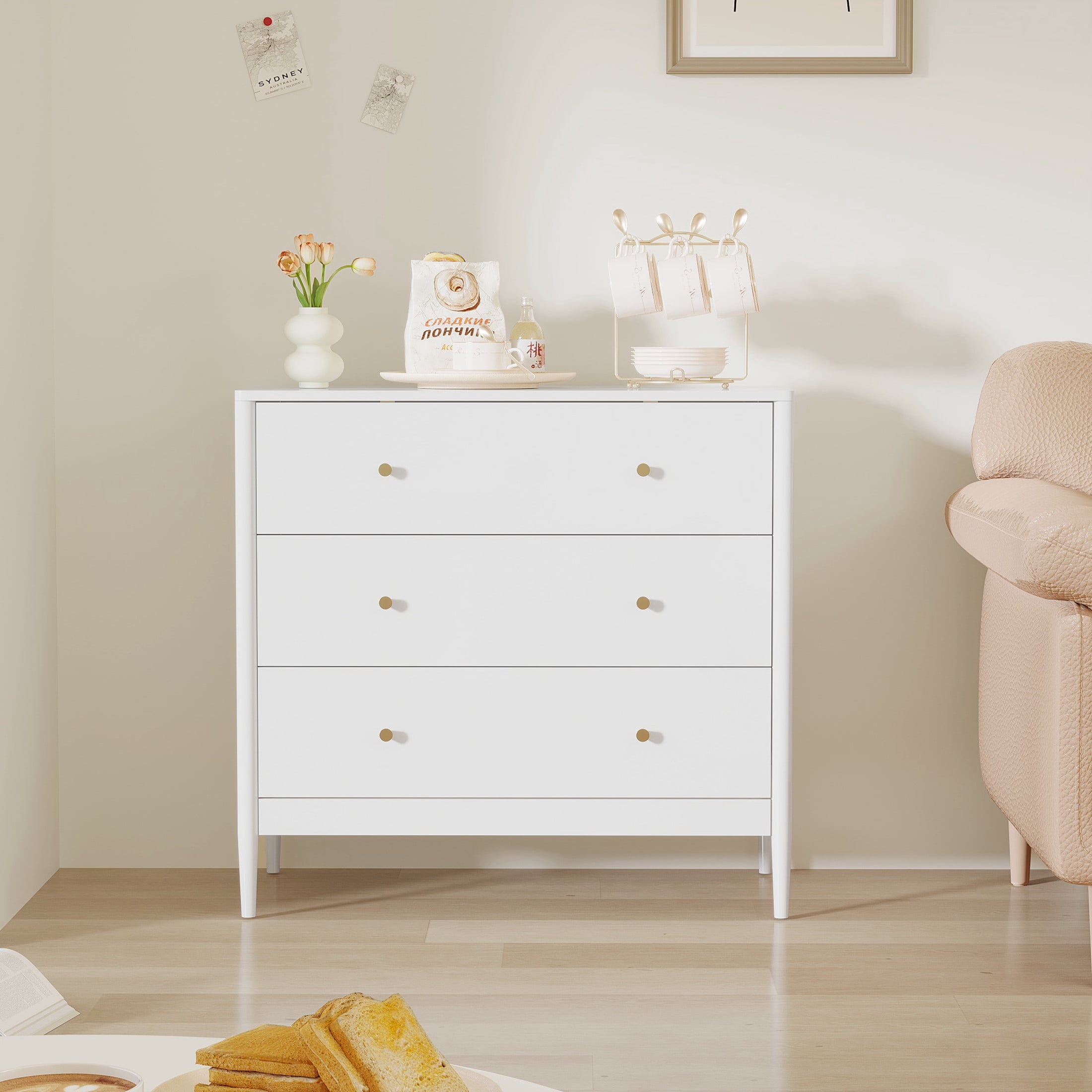 Noble House Prix Modern 3-Drawer Dresser Chest, Wooden Storage Cabinet, Organizer for Bedroom or Small Space, White
