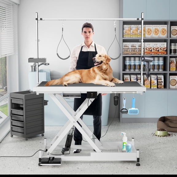 Noble House Professional Electric Pet Grooming Table, Height Adjustable, Heavy Duty Lift Table with Double Arms, White