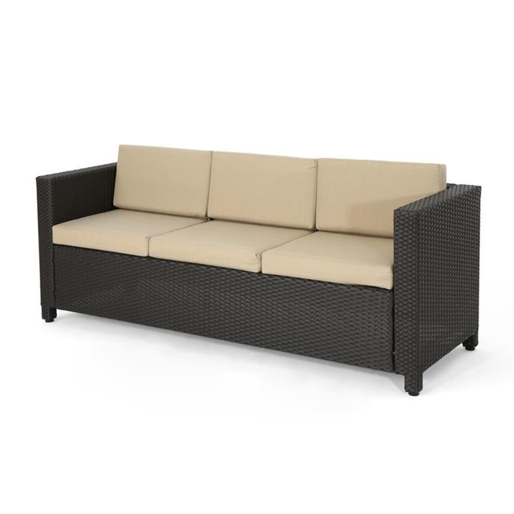 Transitional 3-Seater Dark Brown Wicker Outdoor Sofa with Beige Cushions