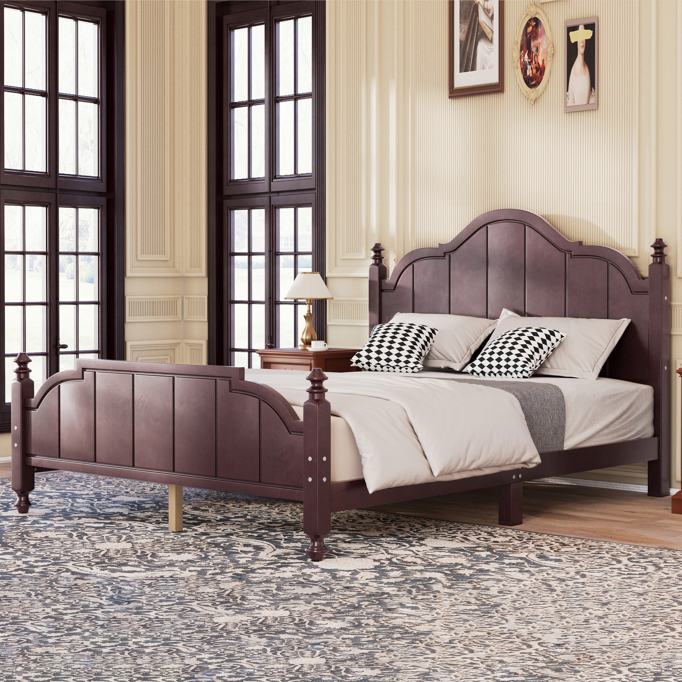 Noble House Queen Bed Frame with Headboard, Vintage Wooden Platform Bed with Slat Support, Espresso