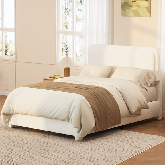 Noble House Queen Boucle Platform Bed with Adjustable Headboard, Low Profile, White