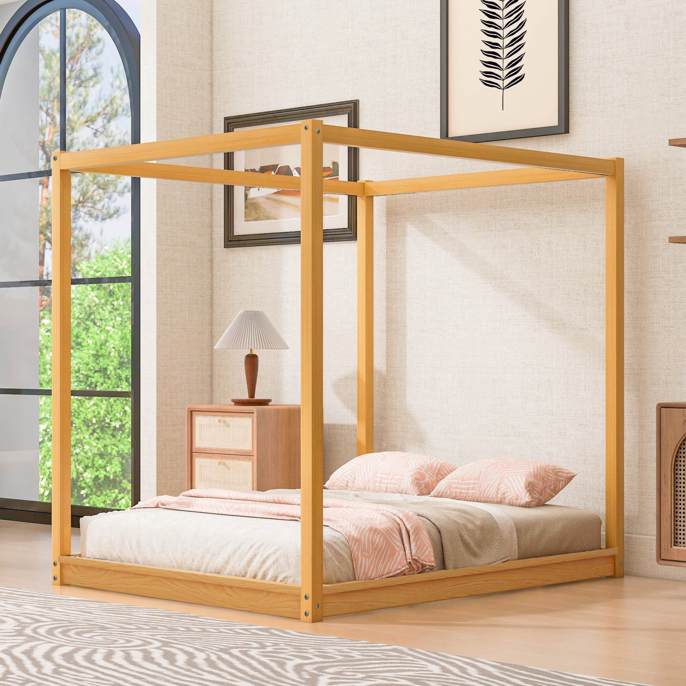 Noble House Queen Erika Canopy Platform Bed, Modern Minimalist Wood Frame with Slat Support, Support Legs, Natural