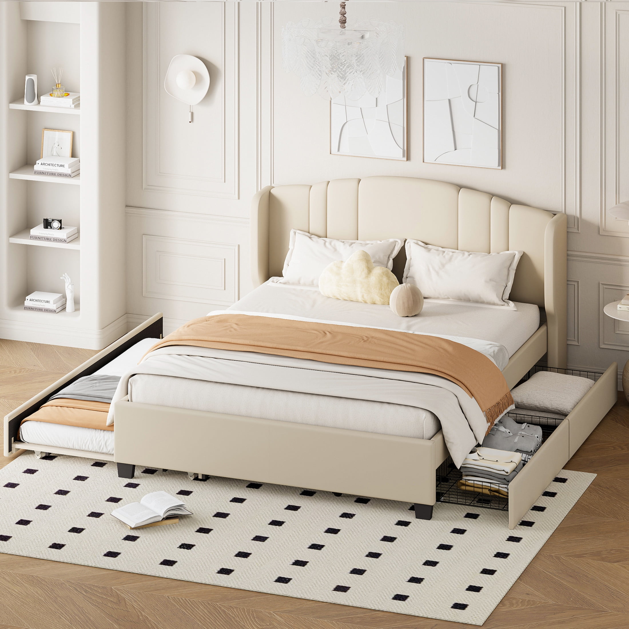 Noble House Queen Linen Upholstered Bed with Wingback Headboard, Twin Trundle & 2 Drawers, Beige