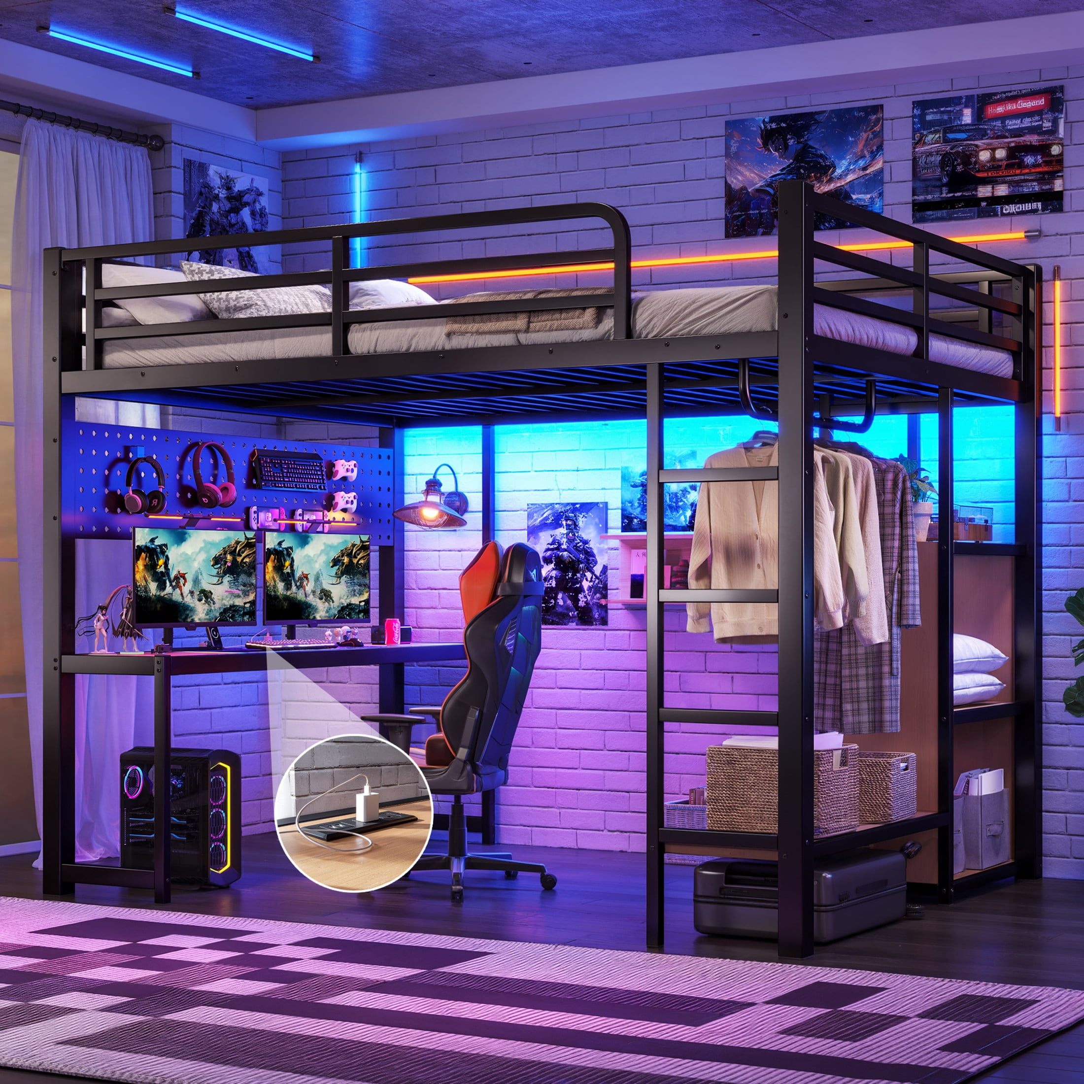 Noble House Queen Loft Bed with Desk, Storage Shelves, USB Ports and Lights, Black