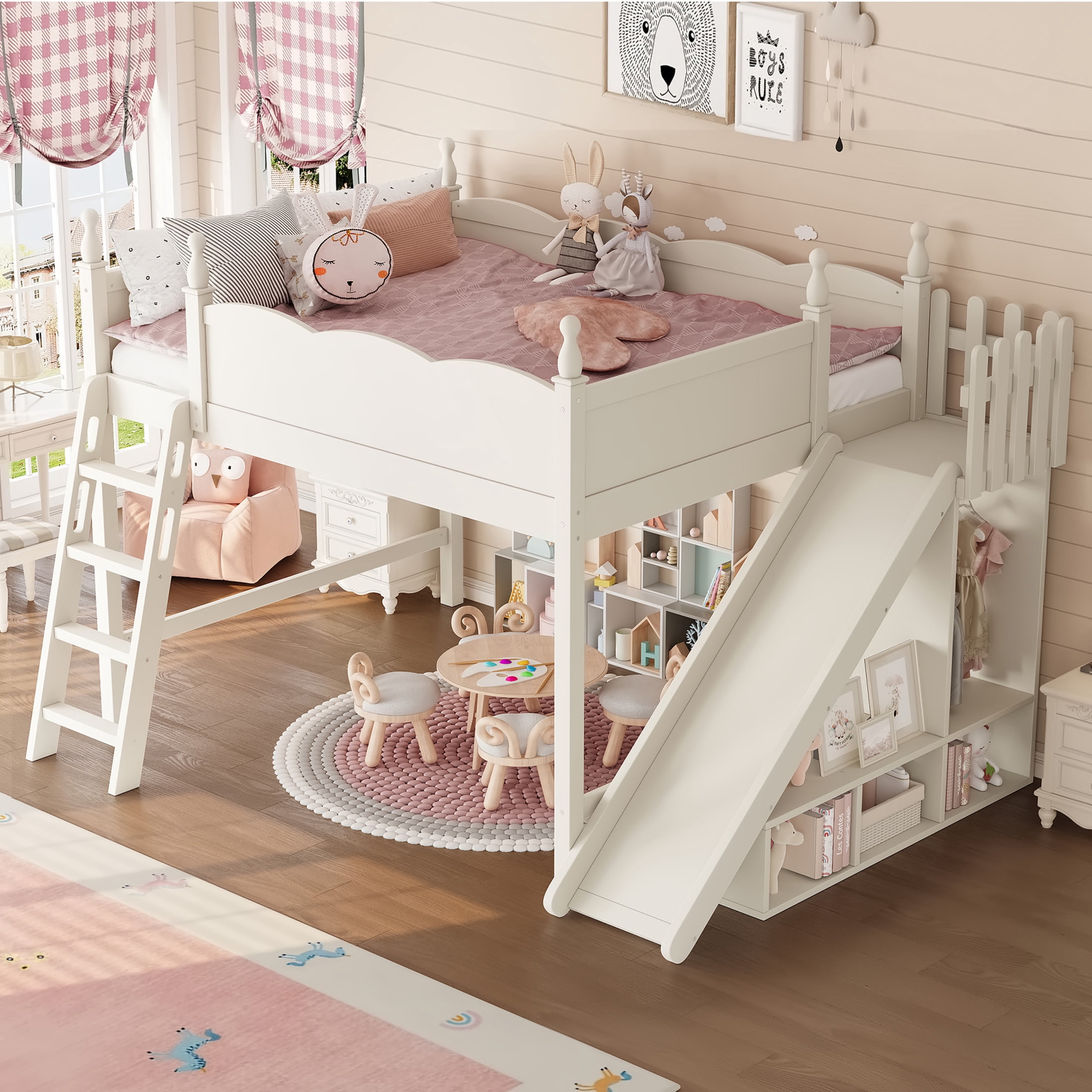 Noble House Queen Loft Bed with Storage Shelves, Detachable Slide and Ladder, Beige