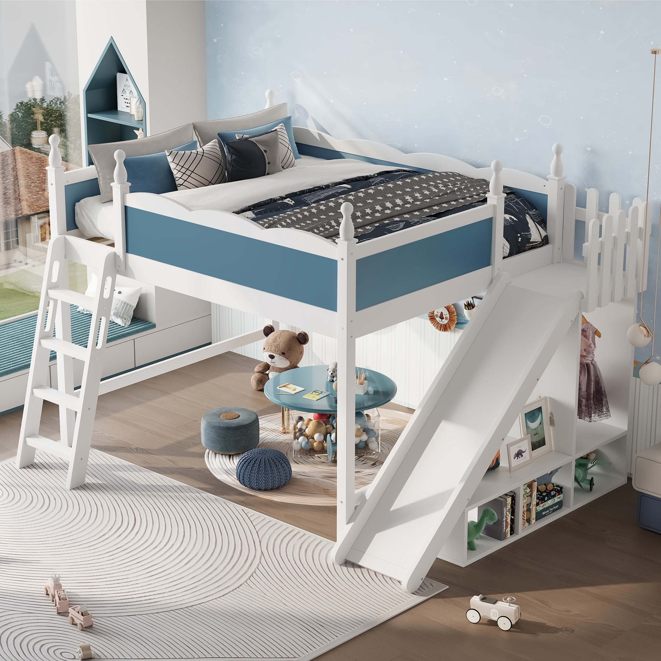 Noble House Queen Loft Bed with Storage Shelves, Detachable Slide and Ladder, White + Blue