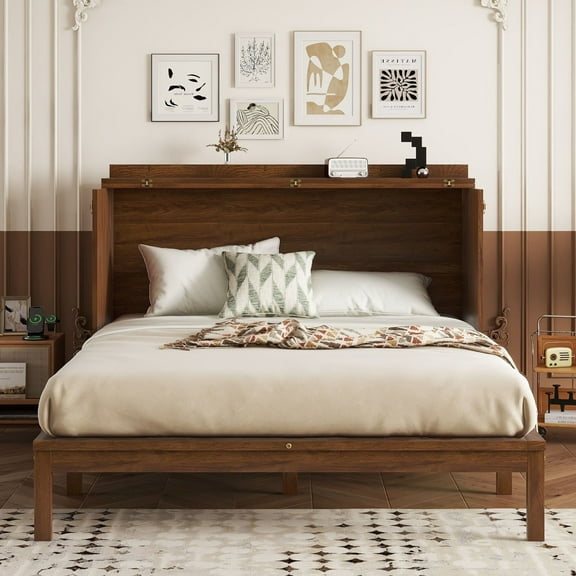 Noble House Queen Murphy Bed, Pine Wood Frame with Rattan Panel, Charging Station & Storage Drawer, Walnut