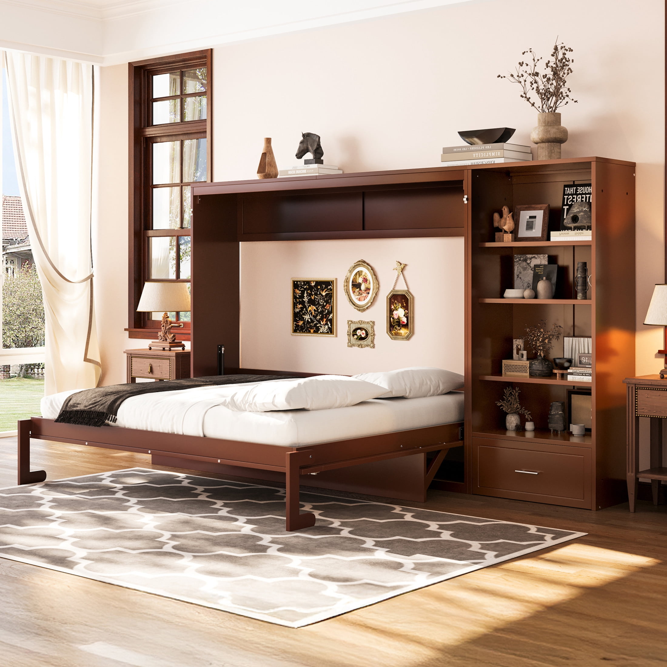 Noble House Queen Murphy Bed with Adjustable Storage Shelves and Drawer, Foldable Wall Bed Frame, Walnut