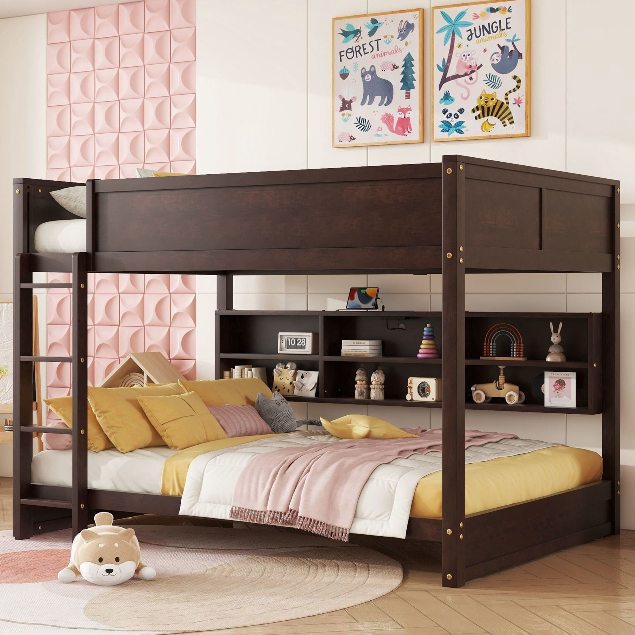 Noble House Queen Over Queen Bunk Bed, Solid Pine Wood Frame with Storage Cabinets and Charging Station, Brown