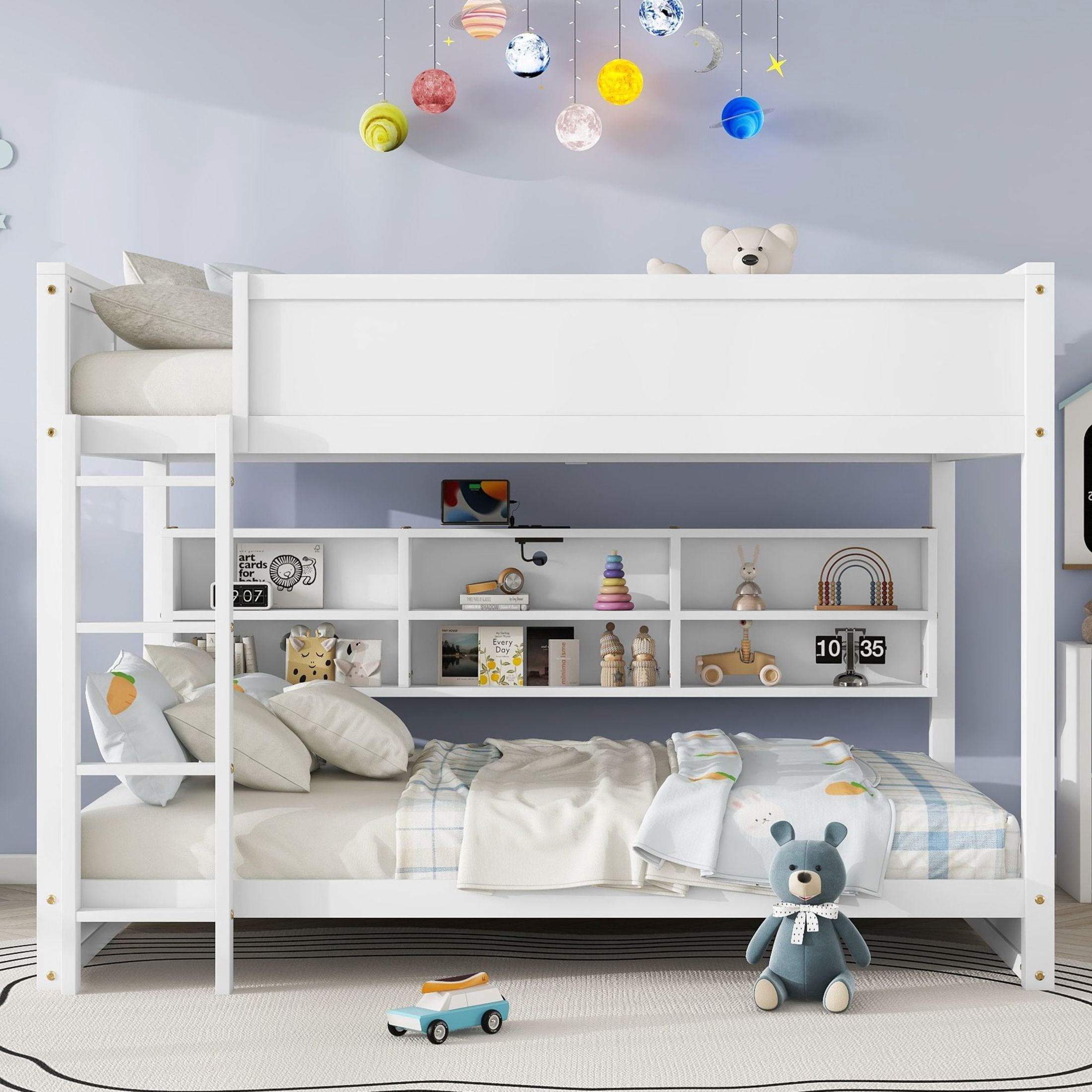 Noble House Queen Over Queen Bunk Bed, Solid Pine Wood Frame with Storage Cabinets and Charging Station, White