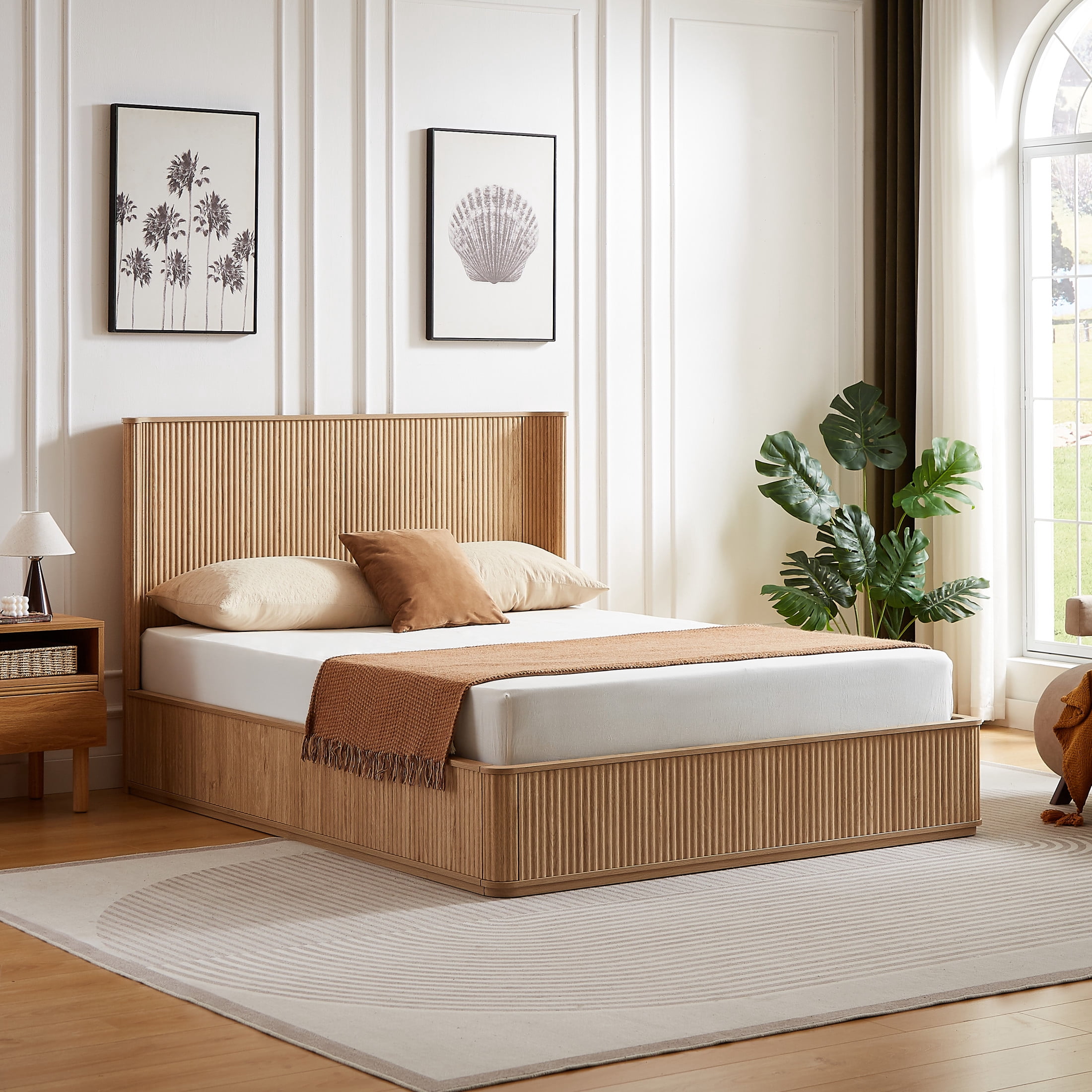 Noble House Queen Platform Bed Frame with 44.49"H Curved Headboard, Wood Slat Support, Oak