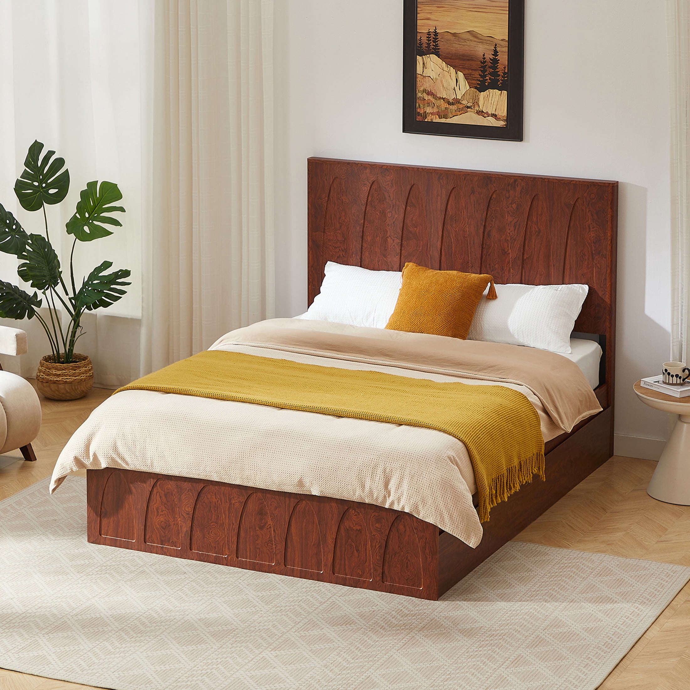 Noble House Queen Platform Bed Frame with Side Storage Drawers, Curved Wood Headboard, Natural Wood
