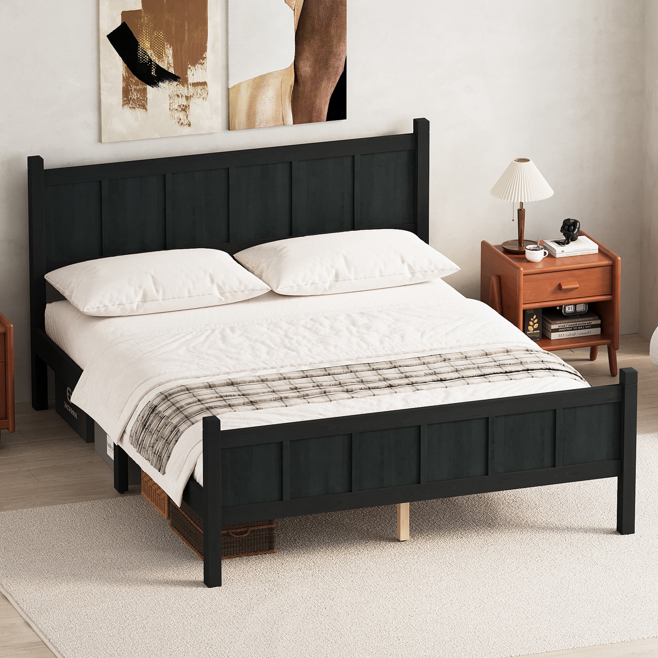 Noble House Queen Platform Bed with Headboard and Footboard, Wood Frame, Black
