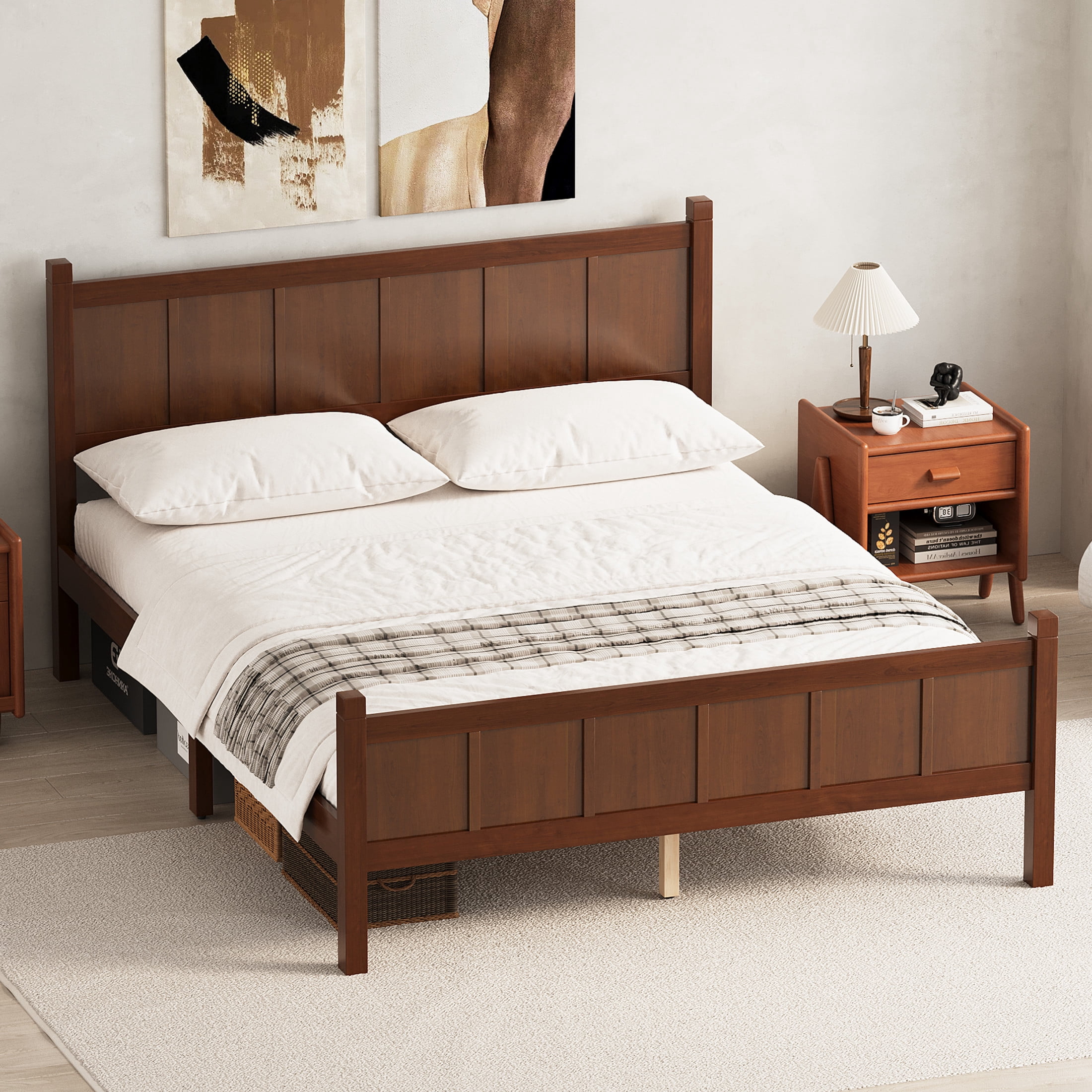 Noble House Queen Platform Bed with Headboard and Footboard, Wood Frame, Dark Walnut