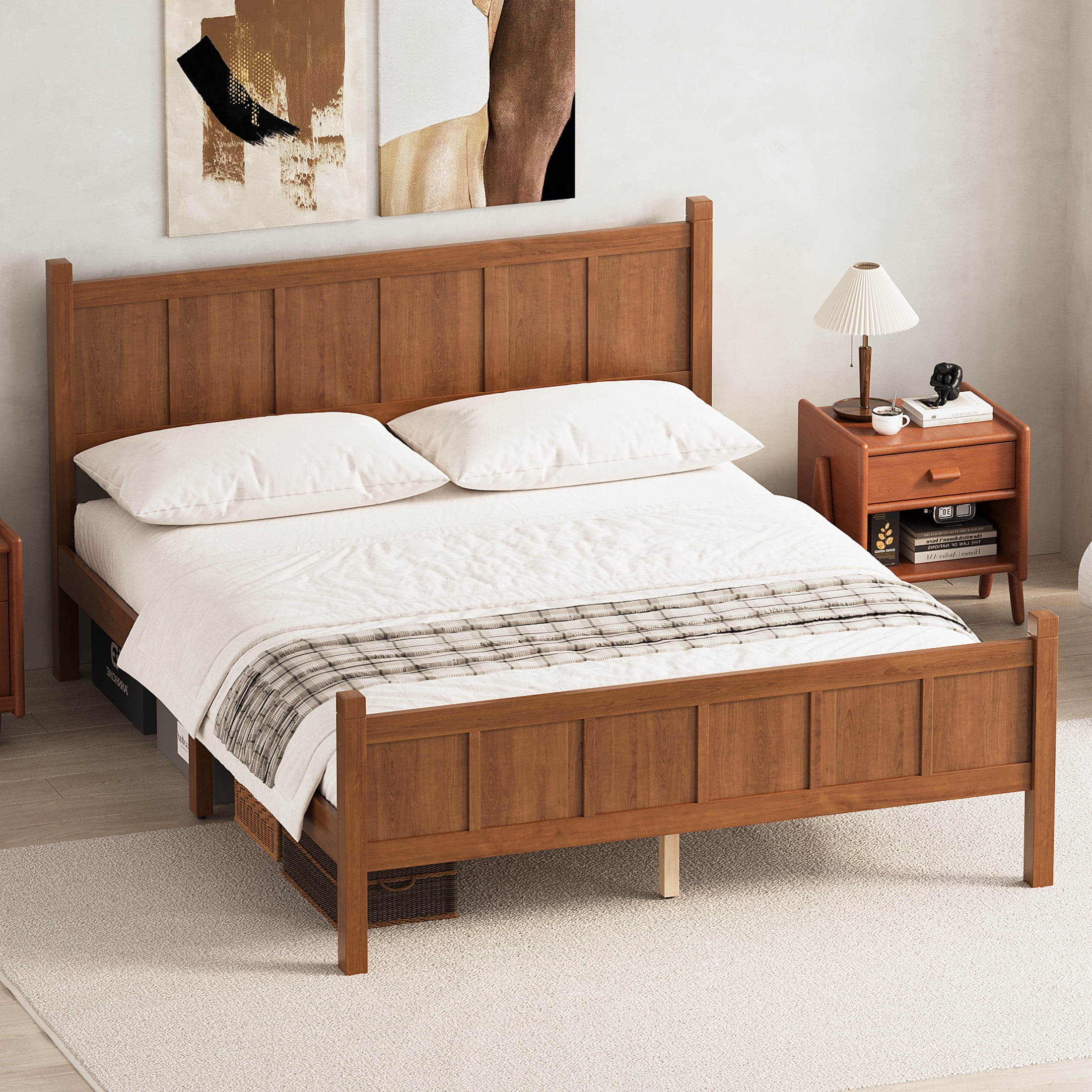 Noble House Queen Platform Bed with Headboard and Footboard, Wood Frame, Light Walnut