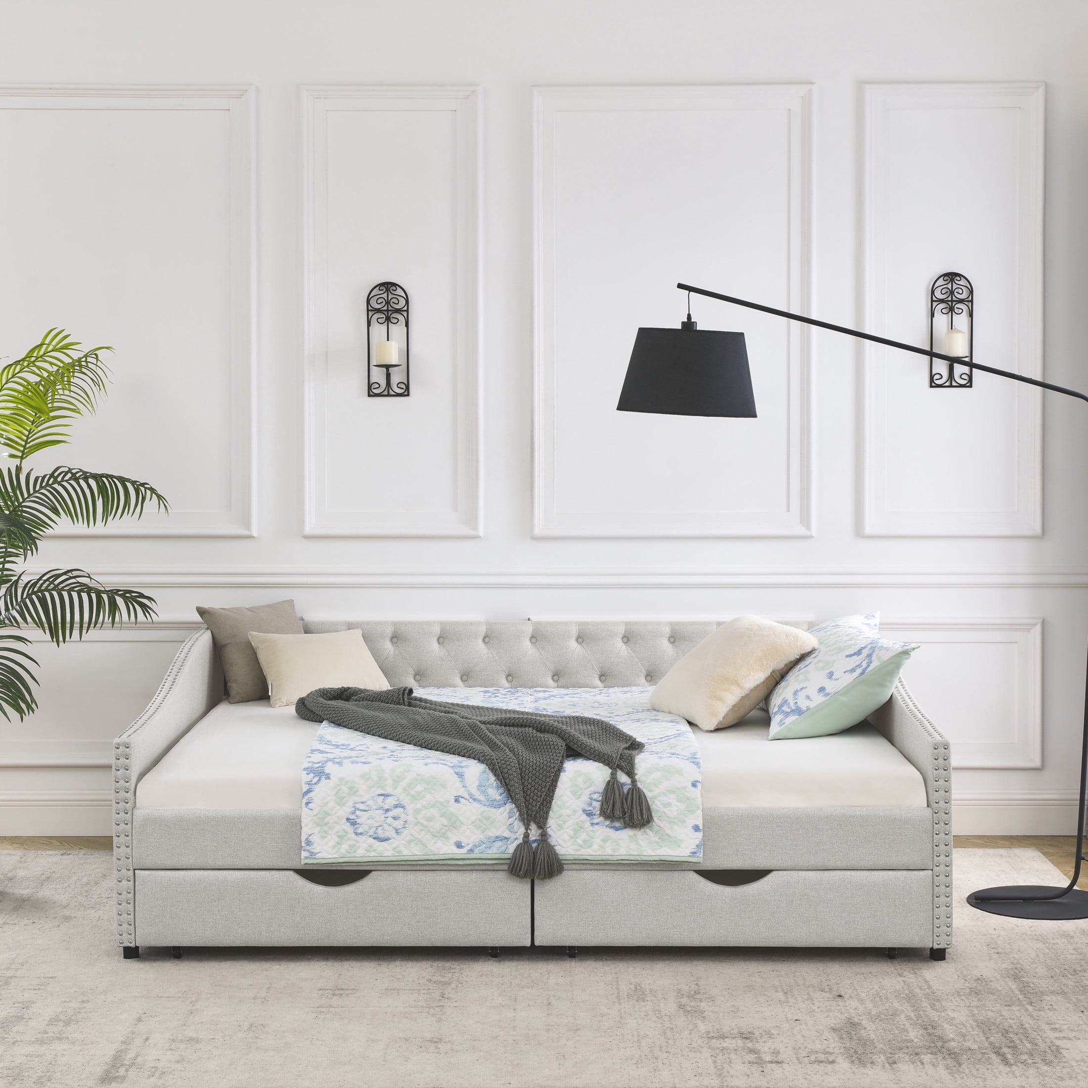 Noble House Queen Size Button Tufted Daybed, Linen Sofa Bed Frame with Storage Drawers and Nailhead Waved Arms, Beige