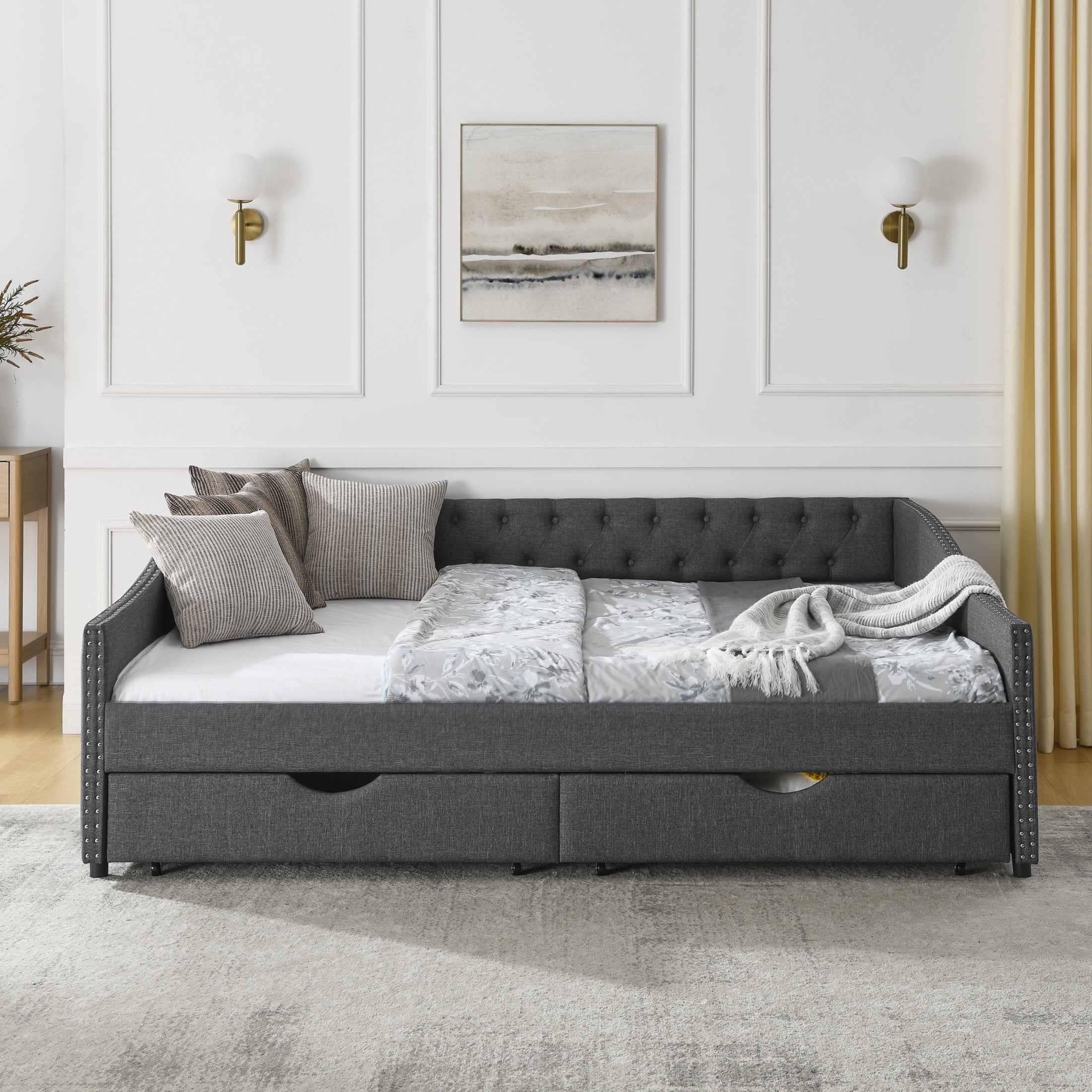 Noble House Queen Size Button Tufted Daybed, Linen Sofa Bed Frame with Storage Drawers and Nailhead Waved Arms, Dark Grey