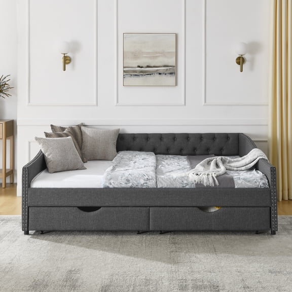Noble House Queen Size Button Tufted Daybed, Linen Sofa Bed Frame with Storage Drawers and Nailhead Waved Arms, Dark Grey